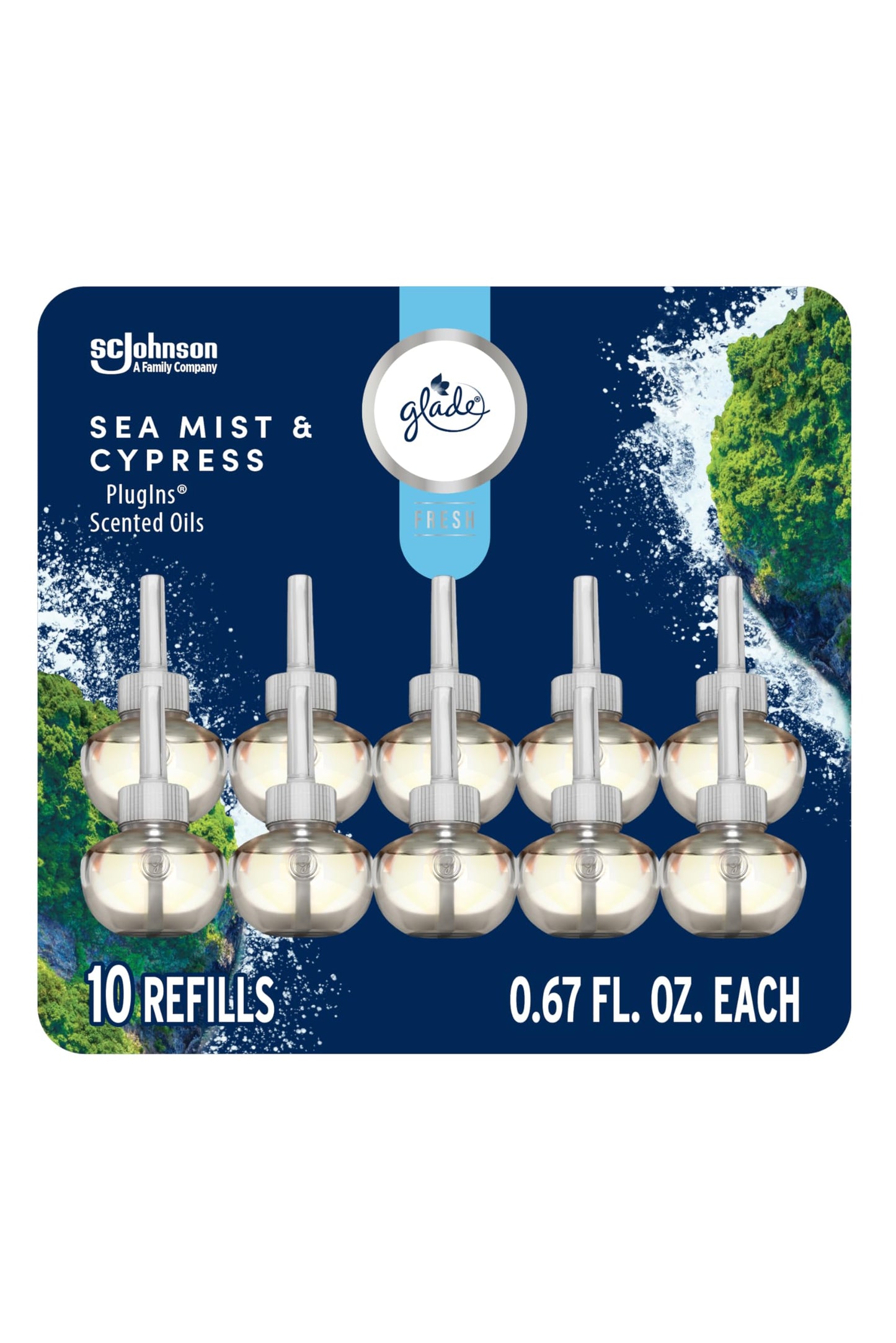 Glade PlugIns Refills Air Freshener, Sea Mist & Cypress, Scented and Essential Oils for Home and Bathroom, 0.67 Fl Oz, 10 Count