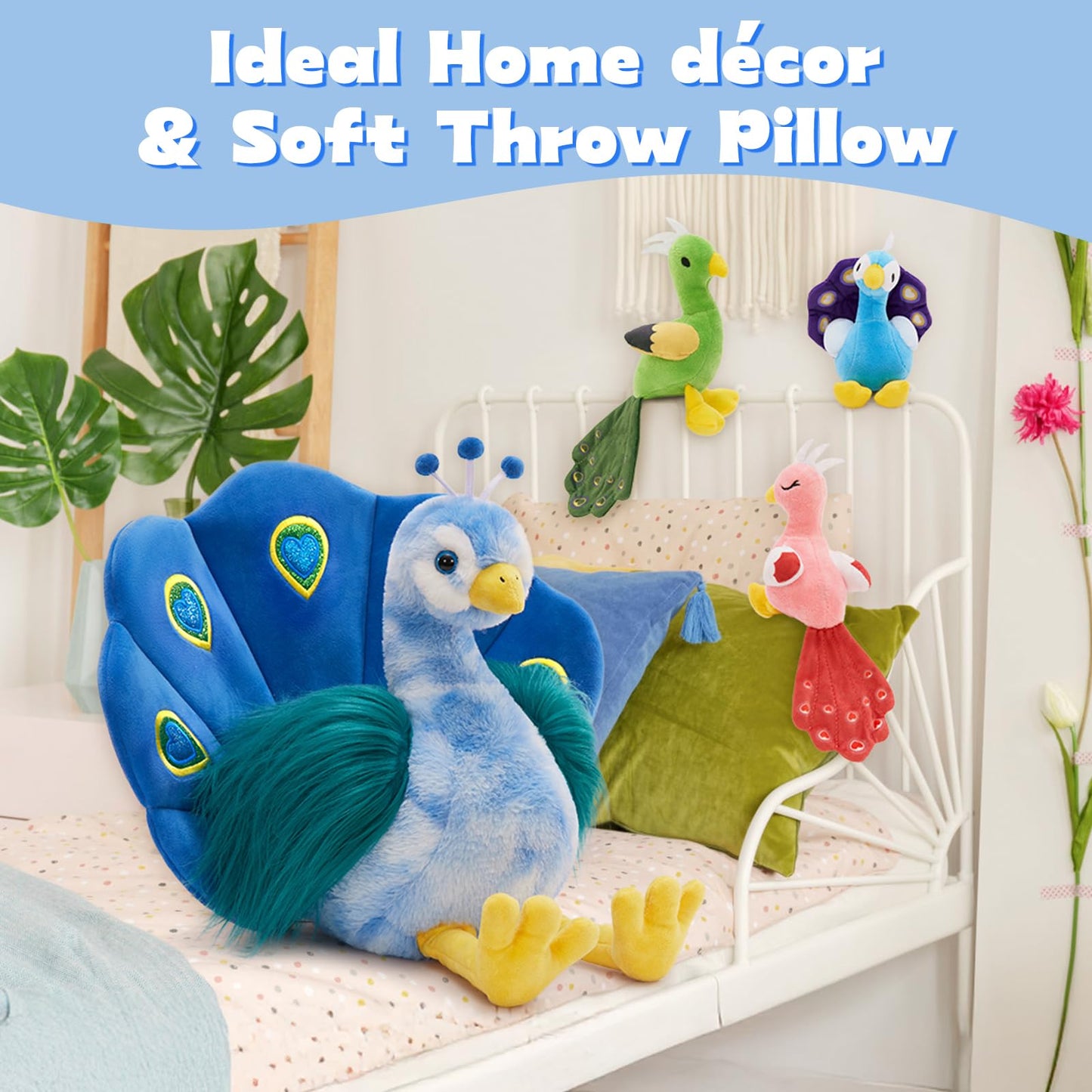 MorisMos Plush Peacock Stuffed Animal with 3 Baby Bird Plush Toys,18''Mommy Peacock Toys for Girl Boy Kid,Realistic Bird Stuffed Animals Gift for Birthday Decor Baby Shower Christmas,CE/CPC Certified