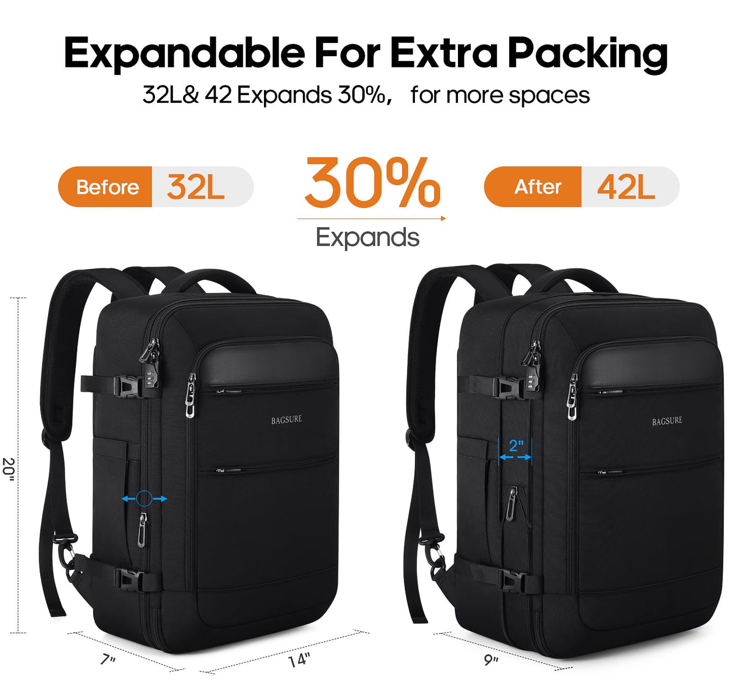 Bagsure Travel Backpack Carry On Backpack 42L Flight Approved, Expandable Laptop Backpack with Packing Cubes & Shoe Pocket, Water Resistant Luggage Backpack for Men Women, Large Backpack 20 * 14 * 7"