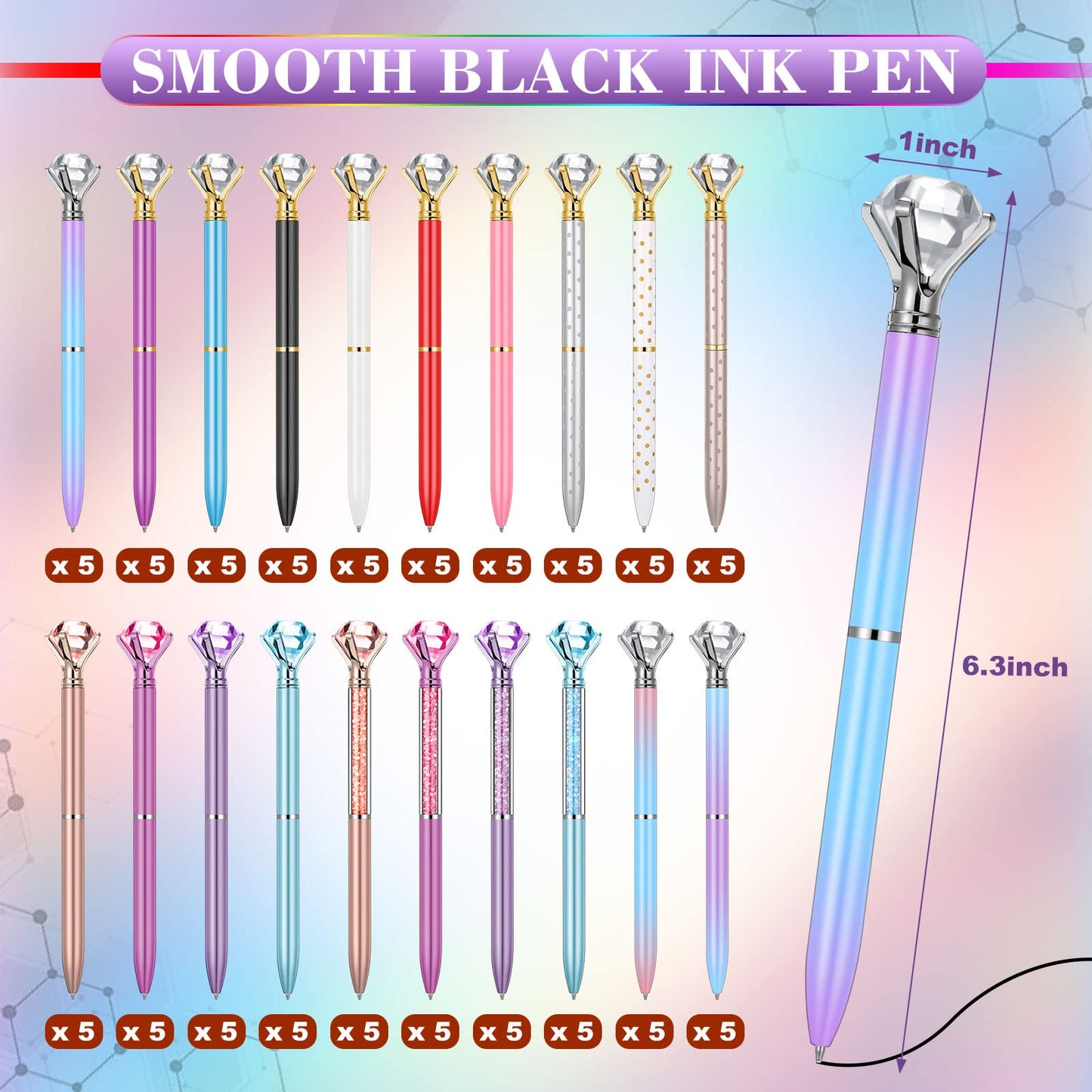 Sherr 100 Pack Big Crystal Diamond Pens Cute Ballpoint Pens Retractable Ballpoint Rhinestones Crystal Bling Gem Plated Black Gel Ink Office Supplies Gifts for Women(Elegant,Assorted)