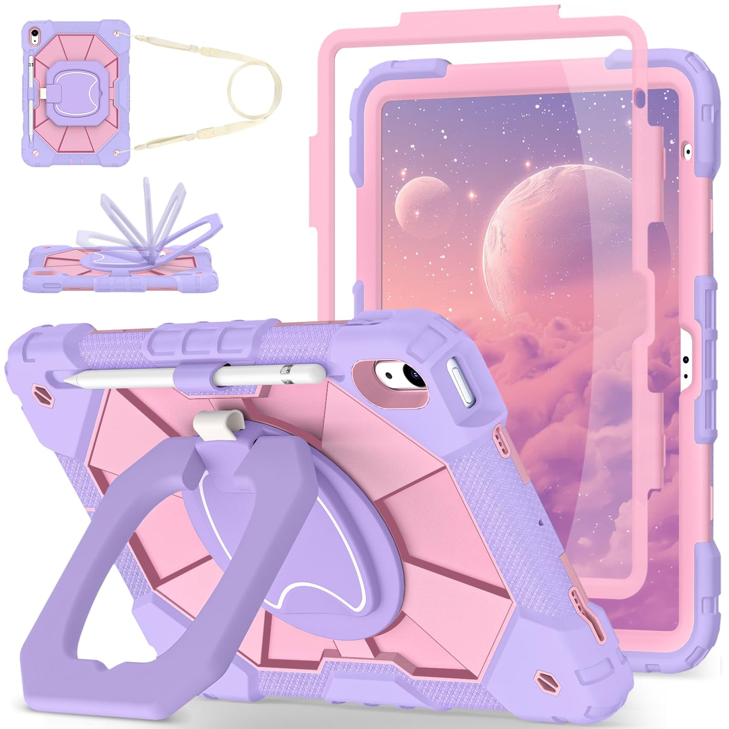 WESOROL Case for iPad (A16) 11th/10th Generation 2025/2022 with Screen Protector Rotating Stand Pencil Holder iPad Case 10th Generation Shockproof Cover for iPad 11th/10th Gen Cases Kids,Purple Rose