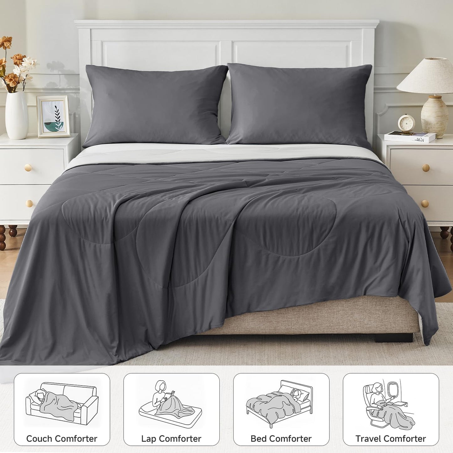 HOMFINE Cooling Comforter Twin Size, Grey Summer Cooling Blanket for Hot Sleepers and Night Sweats, Japanese Double-Sided Cold Tech Fabric Q-Max 0.45, Soft Breathable Silky Smooth Lightweight