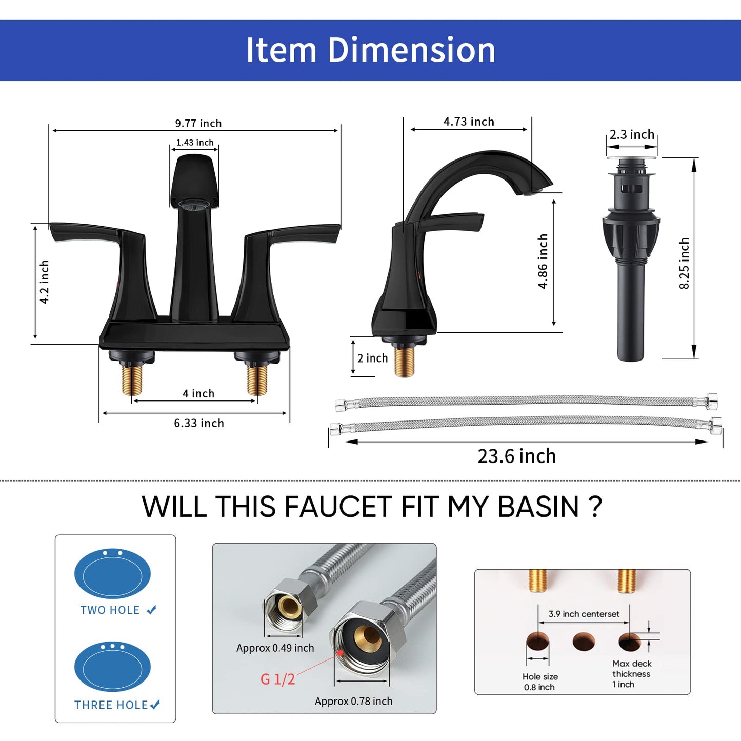 VXV Bathroom Faucet Matte Black, 2 Handles Low Arc Bathroom Sink Faucets, 4 Inch Centerset Bath Lavatory Faucets with Pop-up Drain & Faucet Supply Lines (MB)