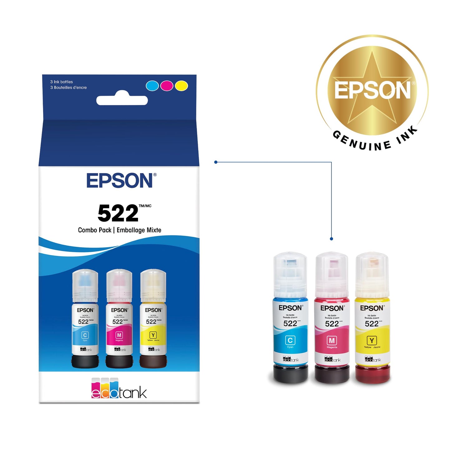 EPSON 522 EcoTank Ink Ultra-high Capacity Bottle Color Combo Pack (T522520-S) Works with ET-2720, 2800, 2803, 2840, 4700, 4800, 4810