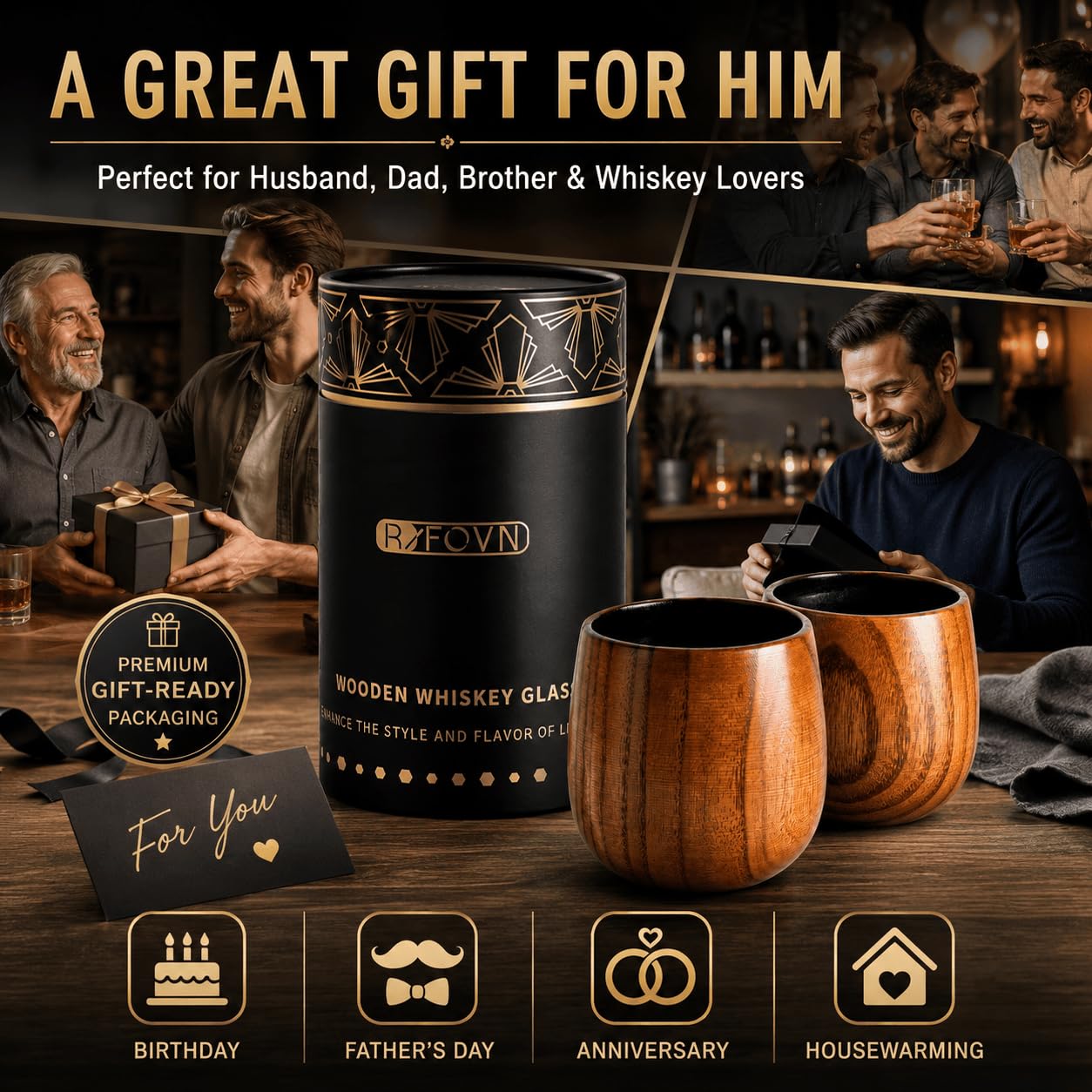 RIFOVN Wooden Whiskey Glasses 10oz, Rustic Bourbon Glasses, Birthday Gifts for Men, Husband, Dad, Brother, Home Bar Drinkware (2 Pack)
