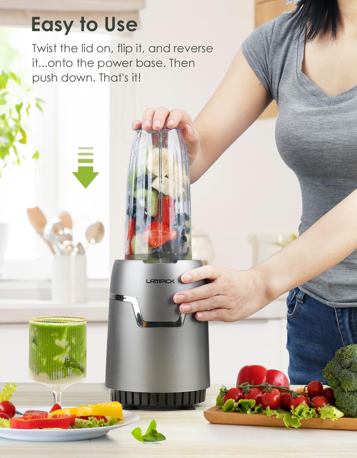 LAMPICK Smoothie Blender, 1100W Personal Blender for Shakes and Smoothies, Blenders and Grinder Combo for Kitchen with 2 * 22 Oz To-Go Cup and Lid for Protein Shake, Baby Food, Frozen Drink