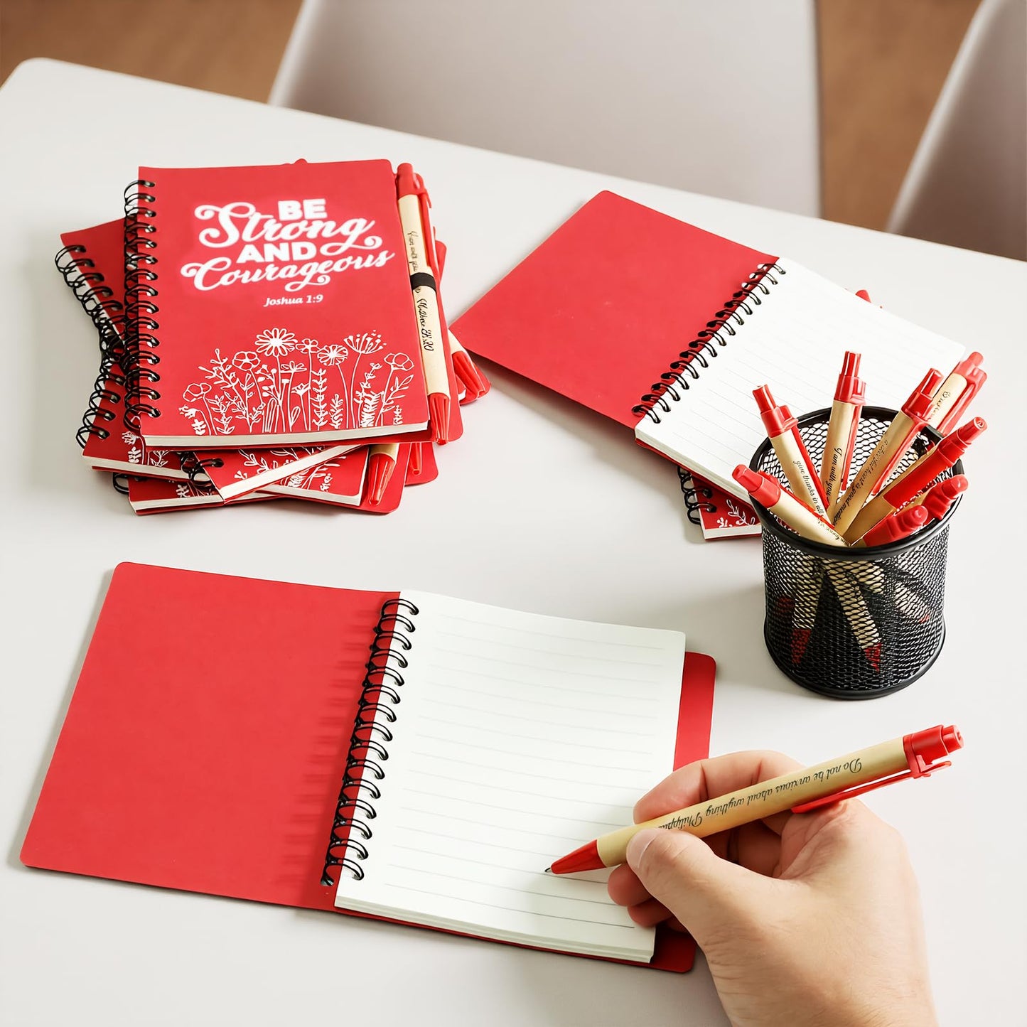 Succwoah 90 Pcs/30 Set Christian Gifts Bulk Prayer Journal Spiral Red Notebooks, Inspirational Notepad with Bible Verse Pen & Organza Bags, Perfect Religious Gifts for Men Women, Bible Study Groups, Church Members & Devotions