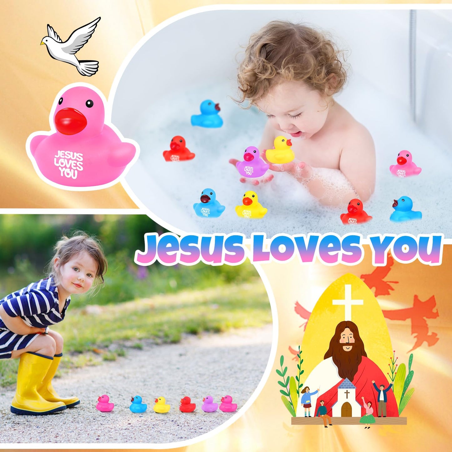 Deekin 300 Pcs Jesus Loves You Rubber Ducks Bulk Multicolor Rubber Ducks Baby Bath Toys for Baby Shower Pool Religious Party Favors Birthday Gifts Church Reward (1.4 Inch)