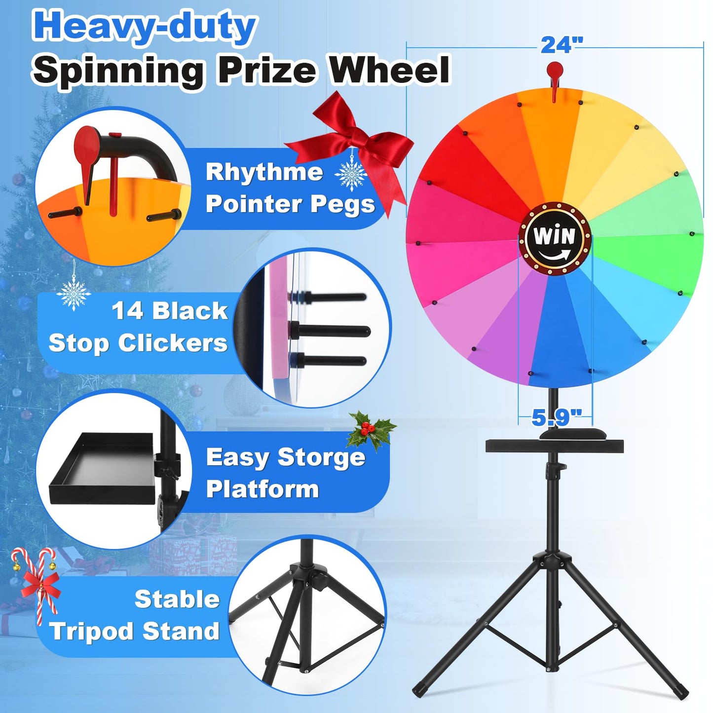 AugFir 24-inch Spinning Prize Wheel, Ajustable 37"-65" Height Spinning Wheel, Storable Prize Wheel Spinner with Stand, Wheel of Fortune, Spin Wheel for Prizes, 14 Slots