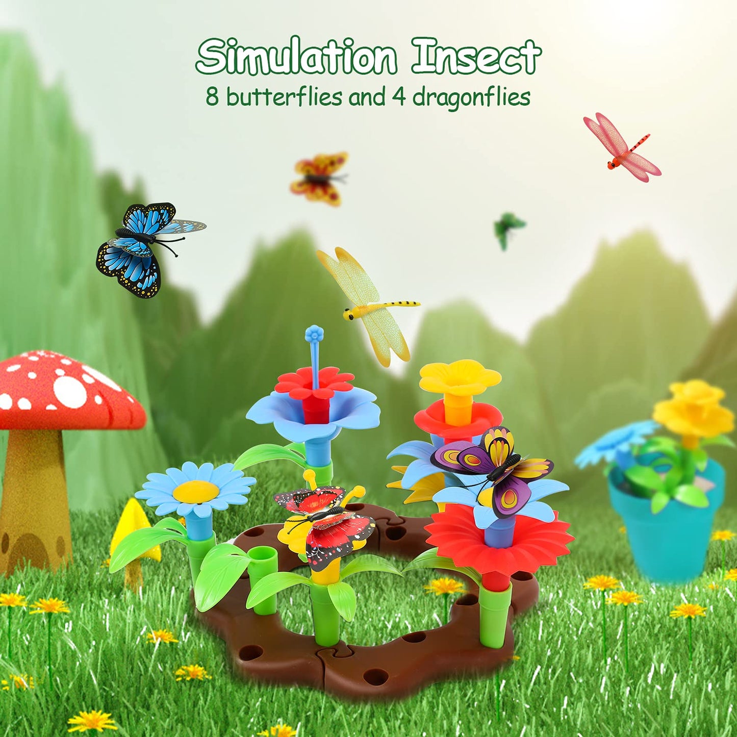 CUTE STONE Kids Gardening Tool Set, Garden Toys with Wheelbarrow, Watering Can, Shovel, Flower Garden Building Toy, Pretend Play Outdoor Indoor Activities Stem Toy Gifts for Boys Girls