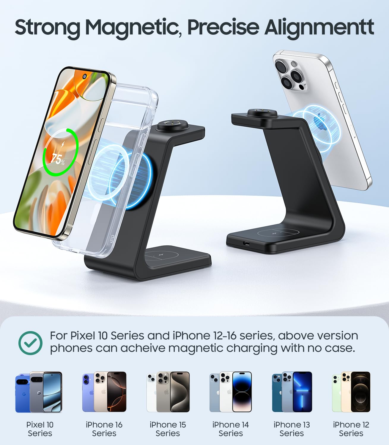 3 in 1 Magnetic Wireless Charger for Google Pixel Watch 3/2, Compatible with MagSafe, Fast Charging Stand with Adapter for Pixel 10/10 Pro Fold/10 Pro XL/9a/9/8/7/6 Pro, Buds(Not for Pixel Watch 4/1)