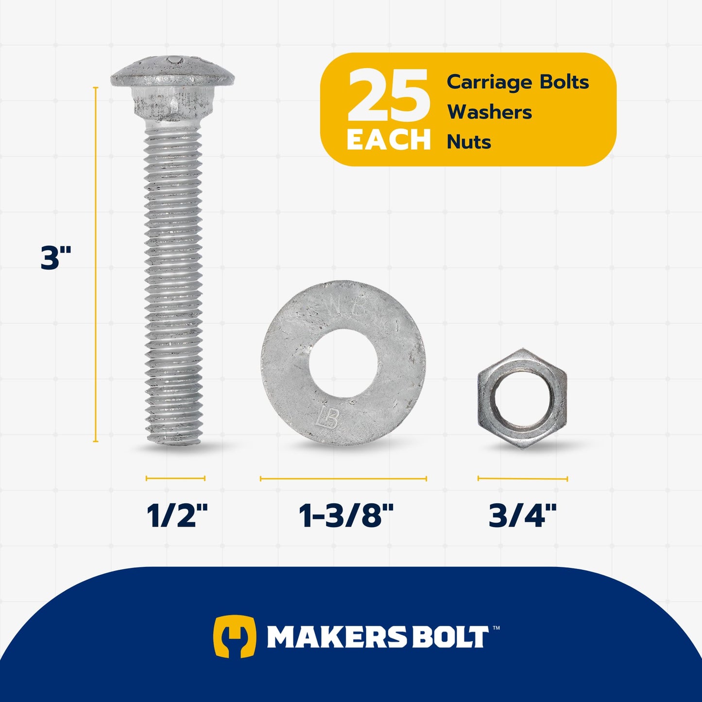 1/2" x 3" (25 Pack) Galvanized Carriage Bolt Kit Grade 307A Includes 1/2" USS Flat Washers (25 pcs) and 1/2"-13 Hex Nuts (25 pcs), Hot Dip Galvanized for Exterior Use by Makers Bolt
