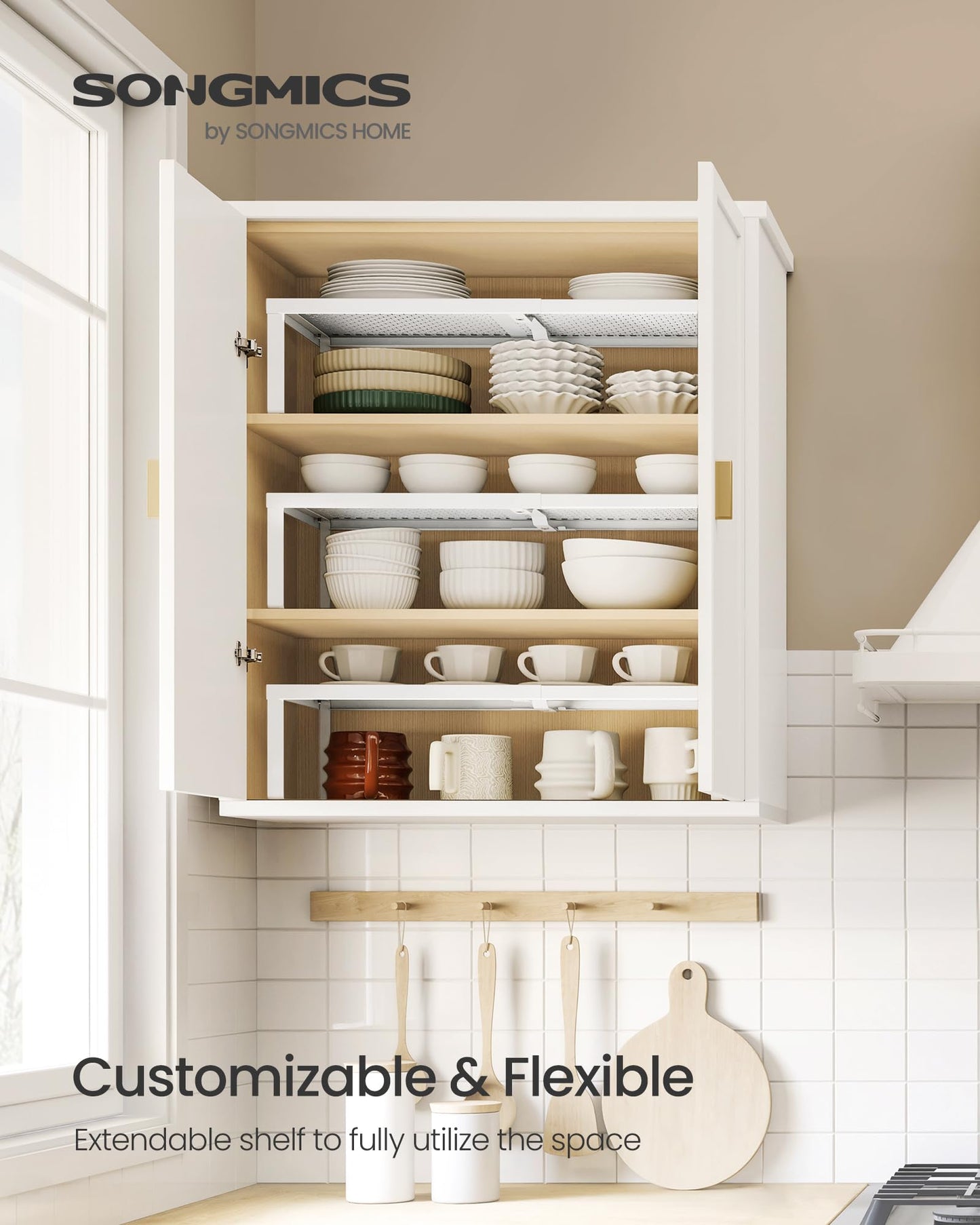 SONGMICS Spice Racks, Set of 4 Expandable Kitchen Countertop Shelves, Small Cupboard Organizers, Metal, Space-Saving Tabletop Shelves, Matte White UKCS404WC01
