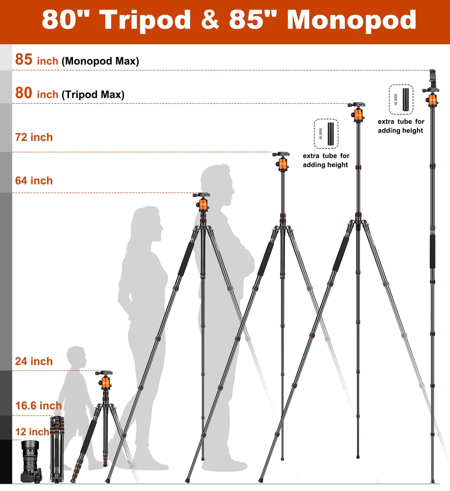 80/85 inches Heavy Duty Tripod for Camera and Phone, 85" Camera Monopod Tripods, DSLR Binoculars Spotting Scope Camcorders Video Tripod Stand, 360 Degree Ball Head, 35 lbs Loads