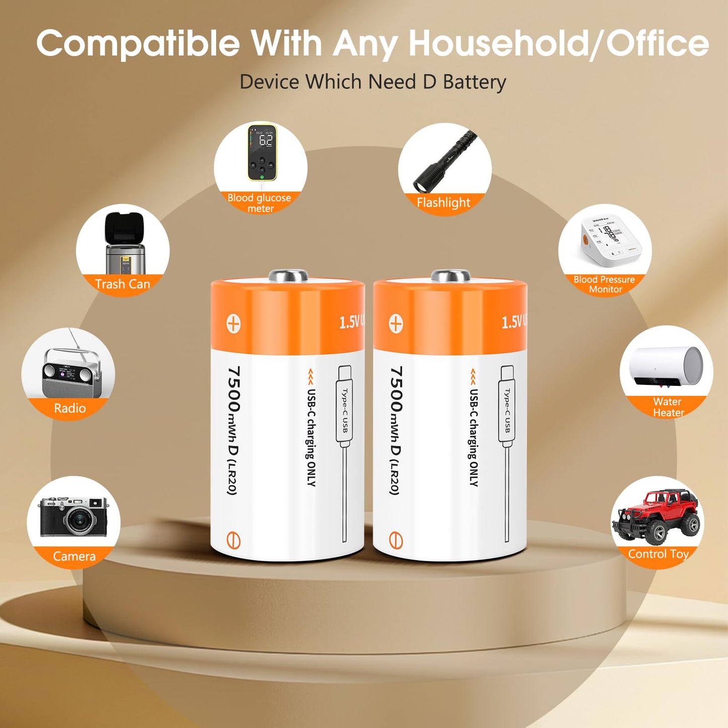 TEMIBATT Rechargeable D Batteries 8 Pack, 1.5V 7500mWh Lithium D Battery with USB-C Charging Cable, Long-Last for Flashlight, Toys, Floodlights & More