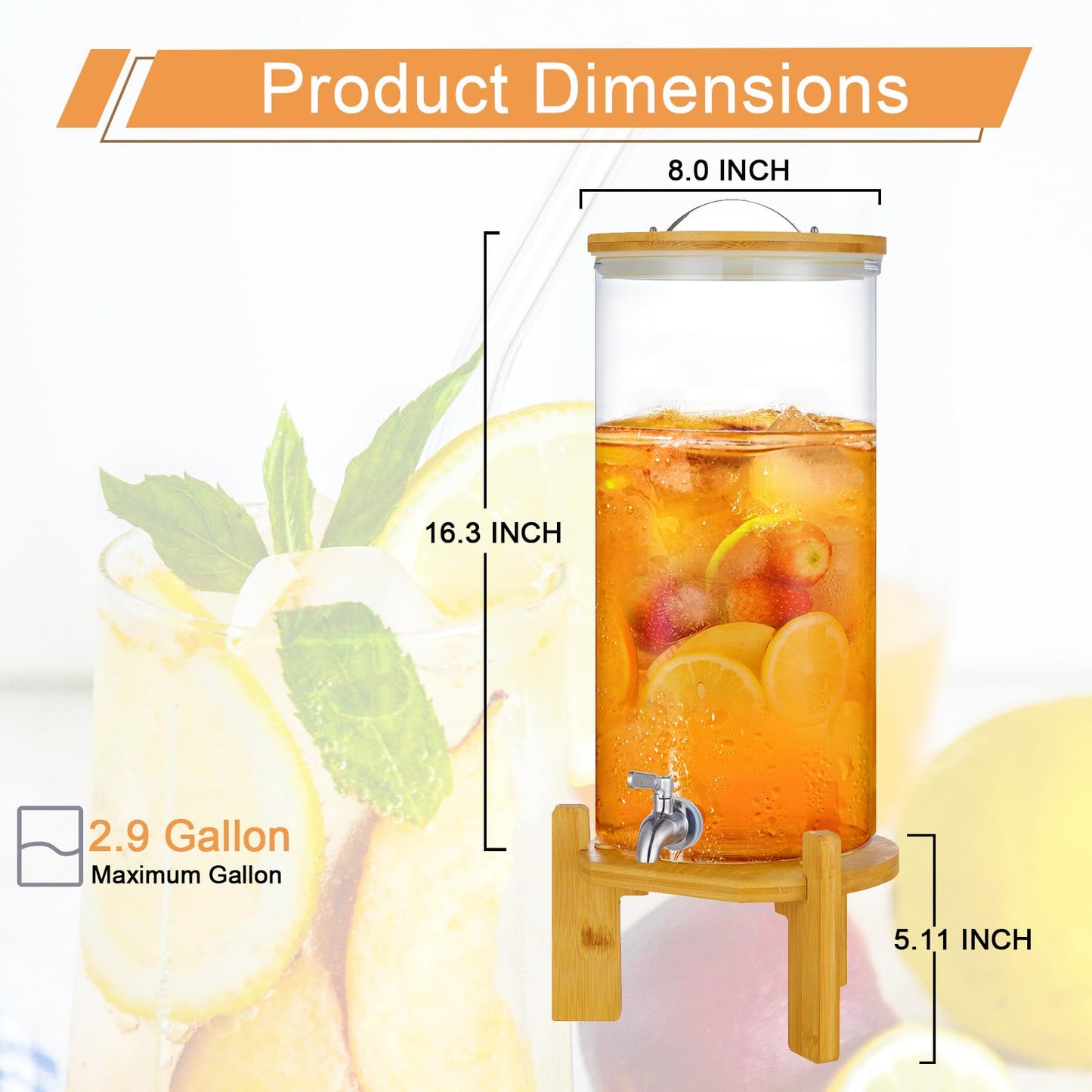 Beverage Dispenser,2.9 Gallon Glass Drink Dispenser with Stand,Glass water dispenser with Spigot, Large Drink Dispensers for Parties,Water Dispensers for Bar,Wedding,Restaurants 11L