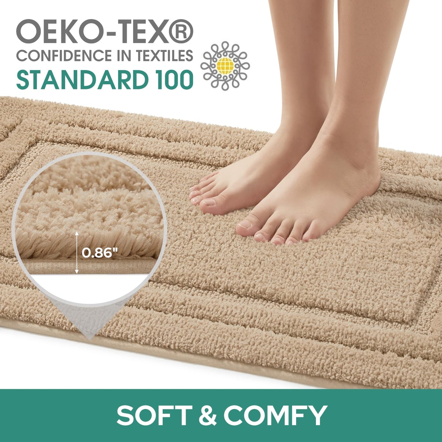 HOMEIDEAS Bathroom Rugs Sets 3 Piece, Super Soft and Absorbent Non Slip Microfiber Toilet Bath Mat with U-Shaped for Bathroom, Farmhouse (Khaki)