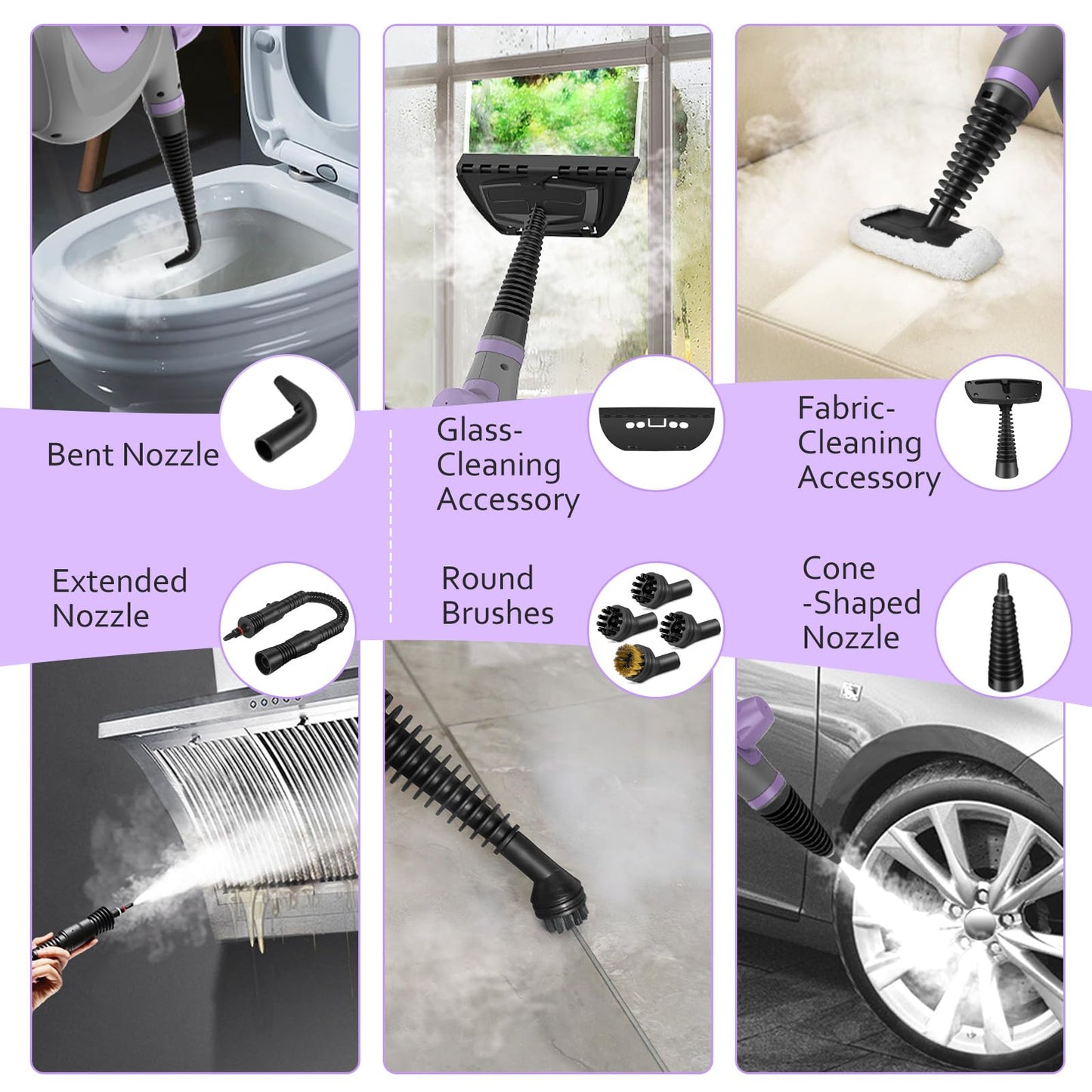 Pressurized Handheld Multi-Surface Natural Steam Cleaner with 12 pcs Accessories, Multi-Purpose Steamer for Home Use, Steamer for Cleaning Floor, Upholstery, Grout and Car (Purple)