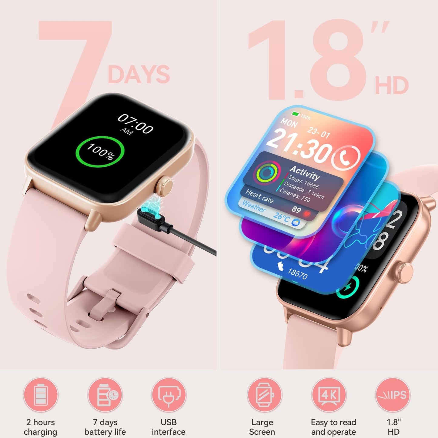 aeac Smart Watches for Women Android & iPhone, 1.8" HD Smart Watch with Bluetooth Call (Answer/Make), Fitness Watch with 110 Sport Mode/Heart Rate/SpO2/Sleep Monitor/Calories/IP68 Waterproof Alexa ﻿