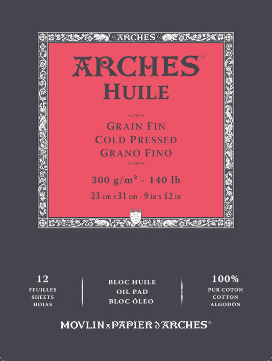 Arches Huile Oil Pad, Cold Pressed, 140lb/300gsm, 12 Sheet, 9x12 inch, Arches Oil Paper 100% Cotton