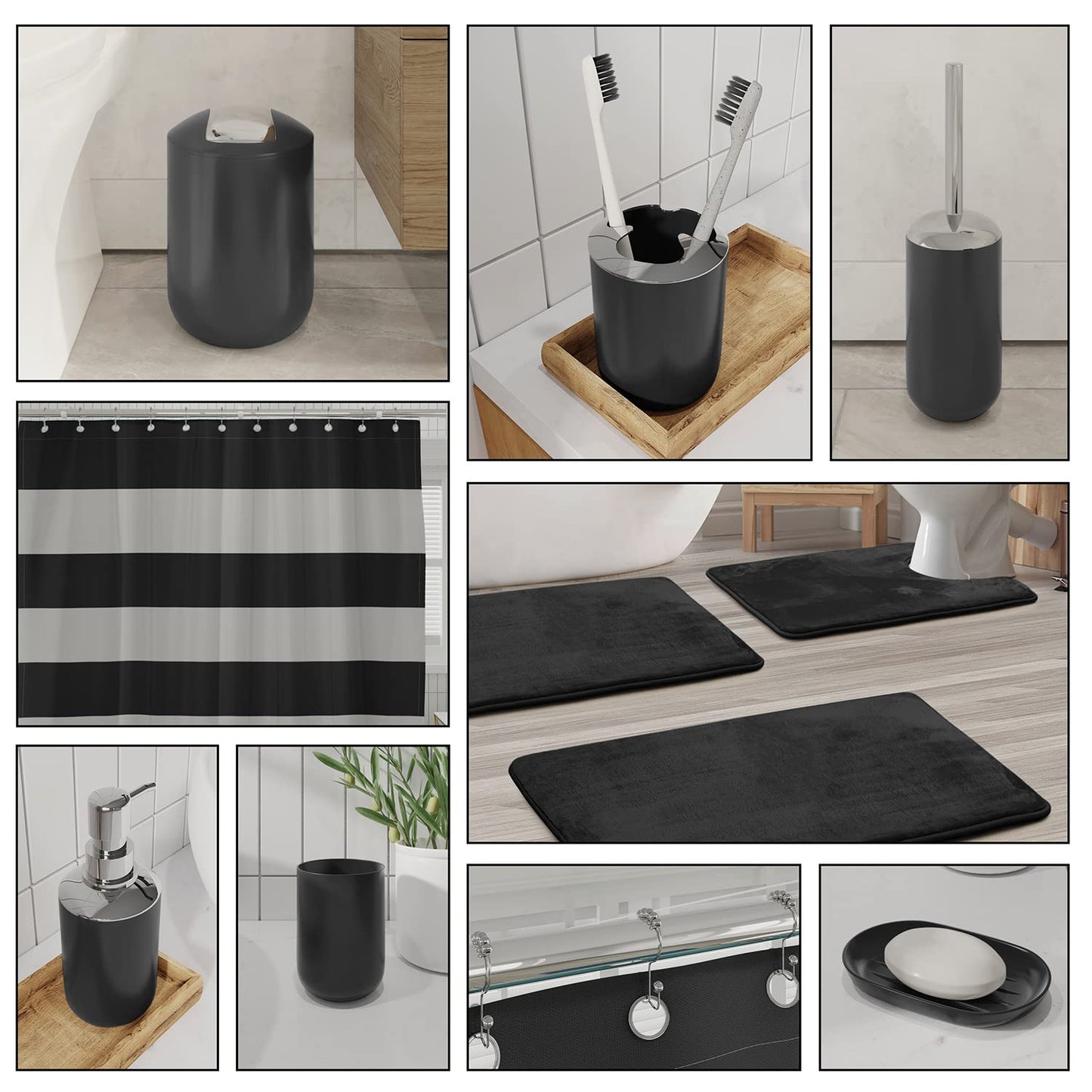 Clara Clark Bathroom Set - Black Bathroom Accessories Set, Bathroom Sets with Shower Curtain and Rugs, 23PC Shower Curtain Set with Liner, Soap Dispenser, Toilet Brush, & Trash Can