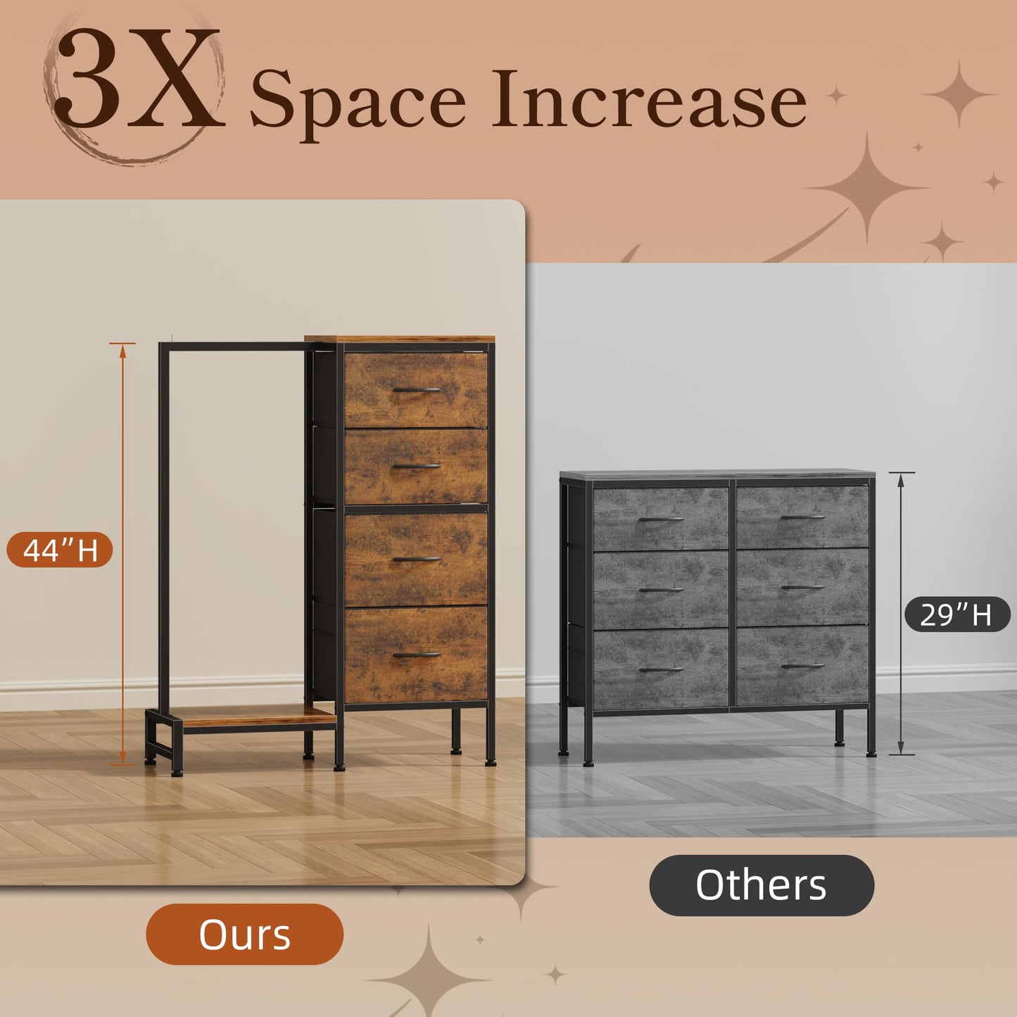 HIGDBFE Dresser with Hanging Rack, 4 Drawers Small Closet for Bedroom, Reversible Fabric Kids Chest of Drawers with Clothes Rack, Tall Storage Tower, Sturdy Frame, Rustic Brown, 44''H
