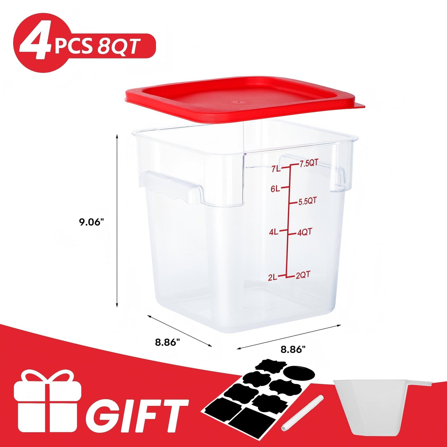 BIEAMA 4 Pack Food Storage Containers, 8 Quart with Lids, Square Commercial Containers with Scale, NSF, Polycarbonate, Clear