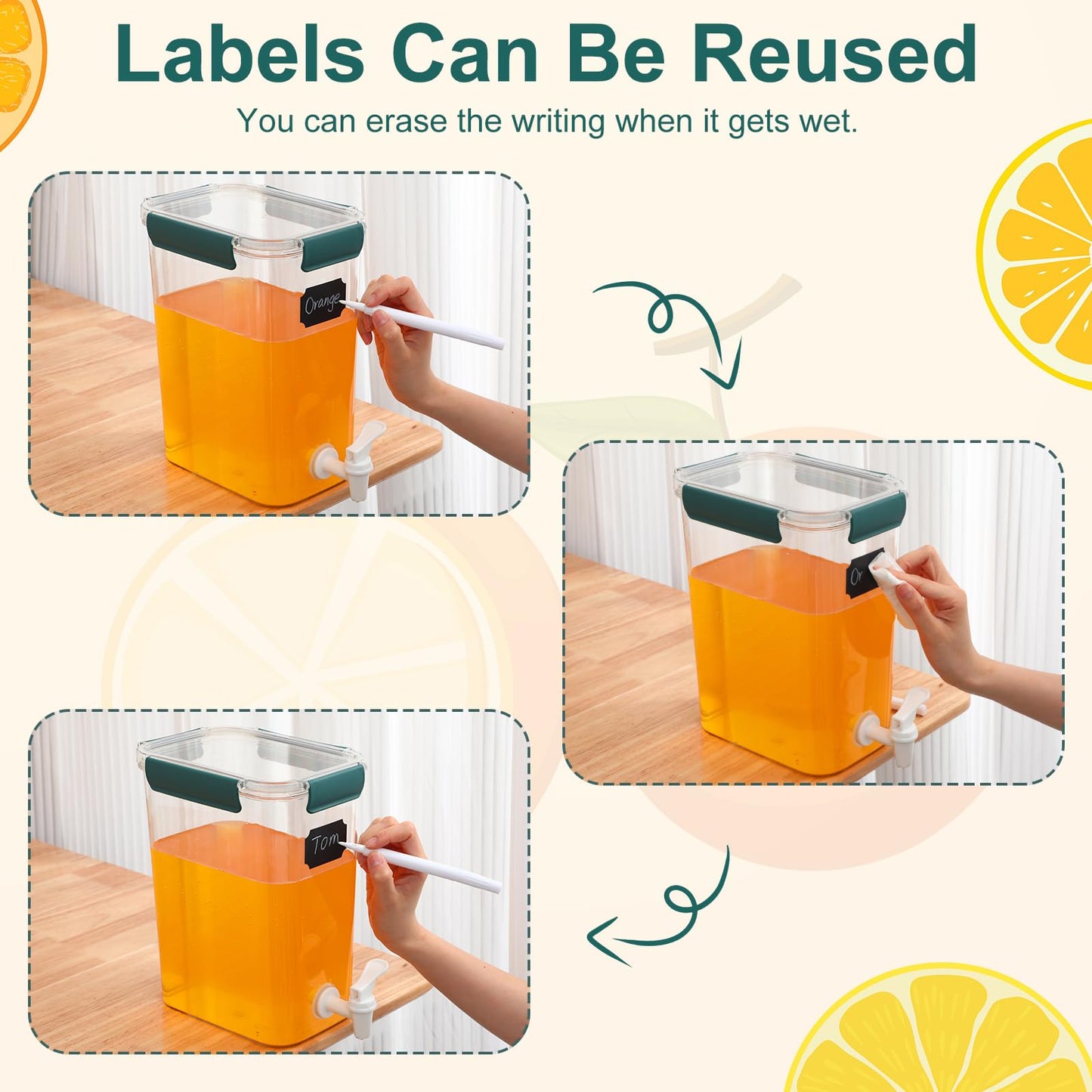 Mumufy 3 Set Plastic Drink Dispensers for Parties Beverage Dispenser for Fridge with Spigot Iced Juice Lemonade Container with Labels and Pens Summer Party Supplies(1.2 Gallon,Green)