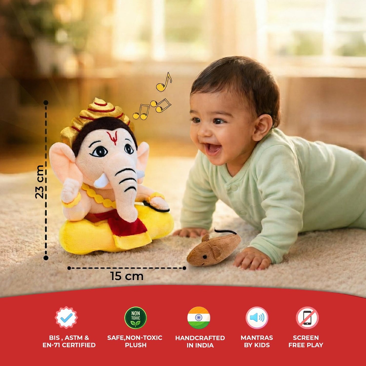 Panda's Box Mantra Chanting Baby Ganesha (Small - 20 CM) | Musical Soft Plush Toy | Best Gift for Infants, Toddlers & Babies