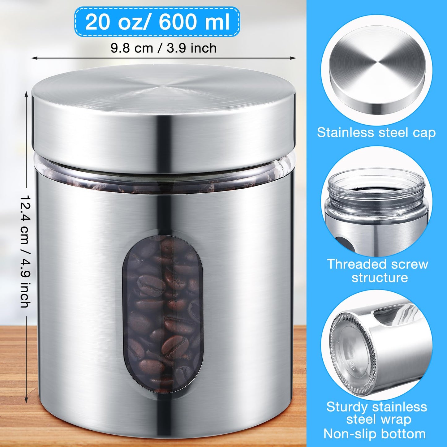 Mimorou 6 Pack Kitchen Canisters Set Airtight Coffee Sugar Tea Candy Storage Jars with Window Glass Stainless Steel Containers with Lids for Flour Cookies Spices Grains Kitchen Decorations(20 oz)