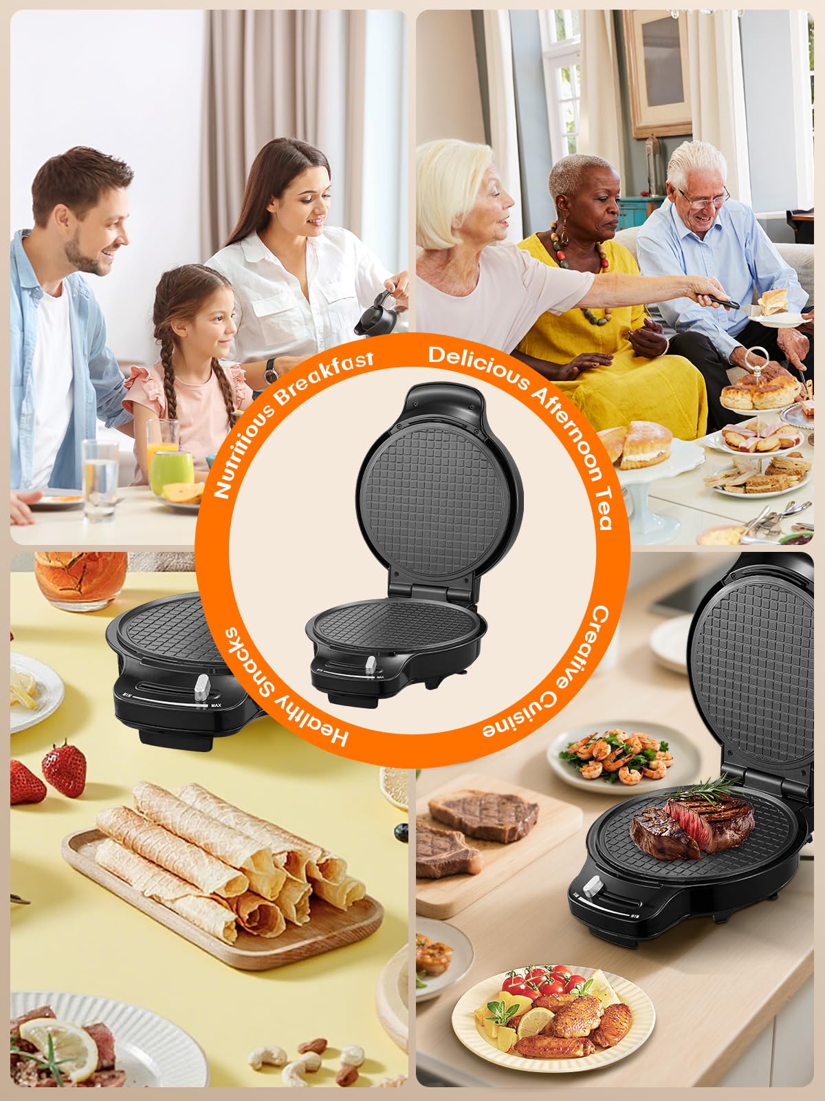 FOHERE Waffle Cone Maker Machine and Ice Cream Bowl Maker with Browning Control, Double Side Nonstick Waffle Bowl Maker with Cone Roller, 7.5” Thin Waffle Maker for Home Kitchen