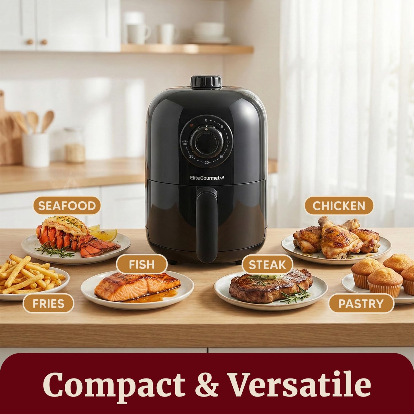 Elite Gourmet EAF-1121X Personal 1.1 Qt. Compact Space Saving Electric Hot Air Fryer Oil-Less Healthy Cooker, Timer & Temperature Controls, 1000W Black
