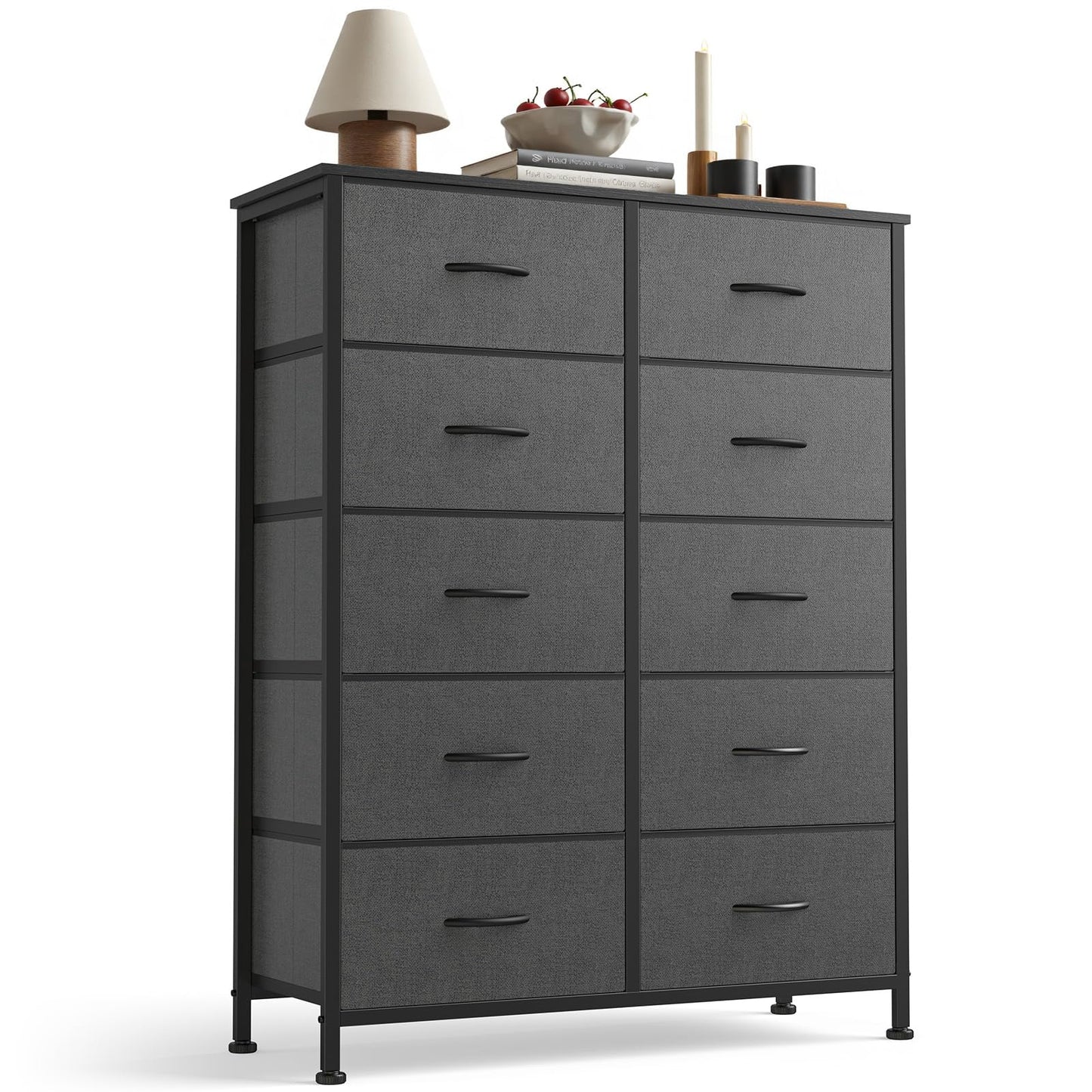 Sweetcrispy 10 Drawer Dresser, Tall Fabric Dresser for Bedroom, Storage Tower with Bins Chest Organizer Unit for Closet, Hallway, Steel Frame Wood Top, Easy Pull Handle, Grey