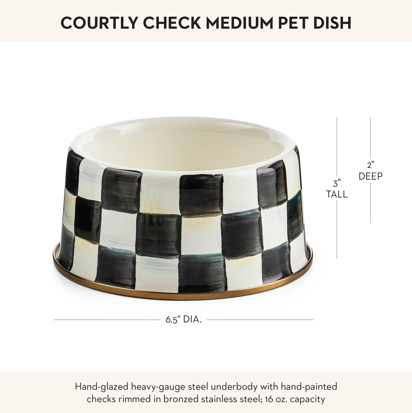 MACKENZIE-CHILDS Pet Bowl, Cute Cat and Dog Bowl for Food and Water, Black-and-White Courtly Check, Medium