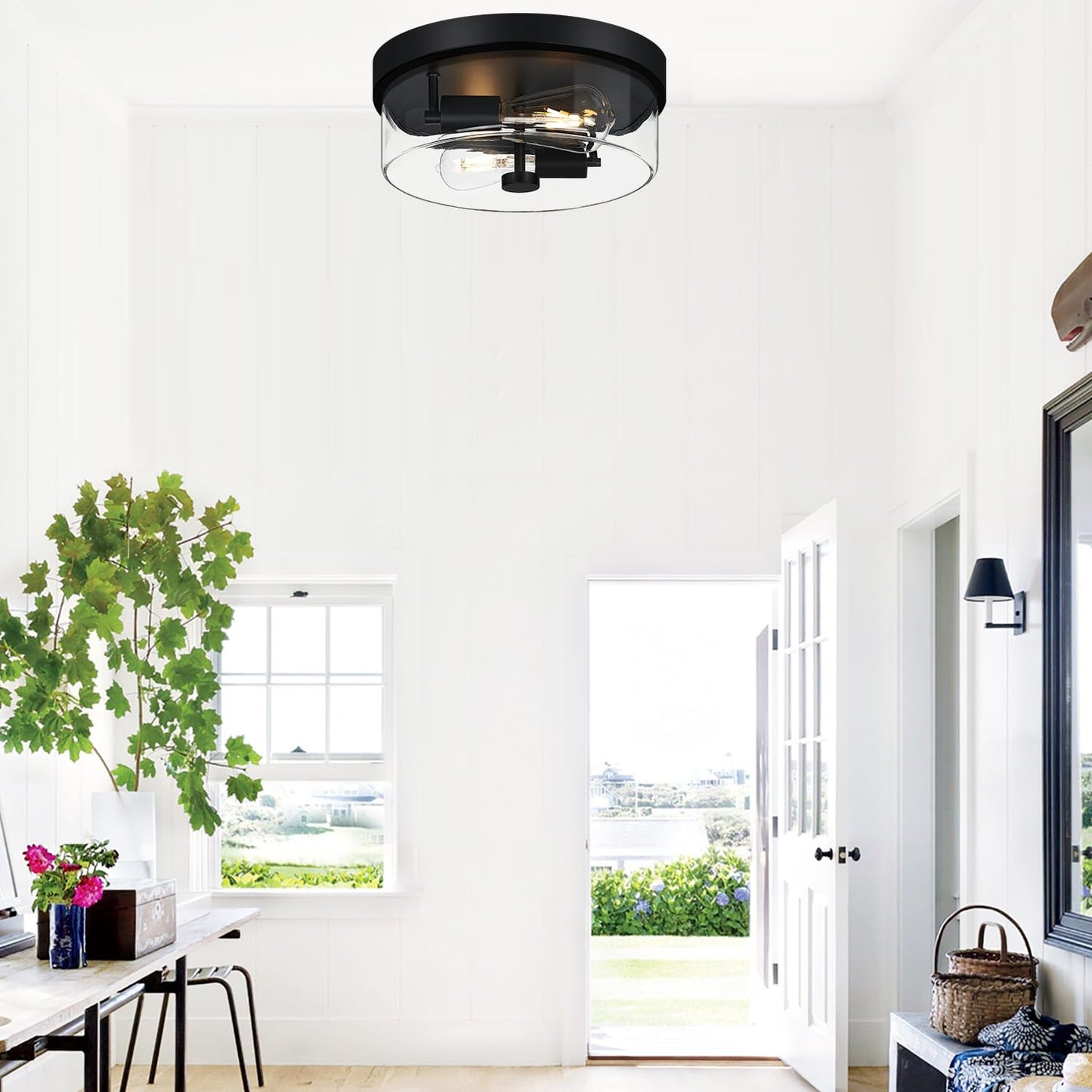 szzgco Flush Mount Ceiling Light Fixtures, 2-Light Black Ceiling Mount for Farmhouse with Clear Glass Lampshade, Industrial Flush Mount Light Fixture for Hallway, Kitchen, Entryway and Foyer