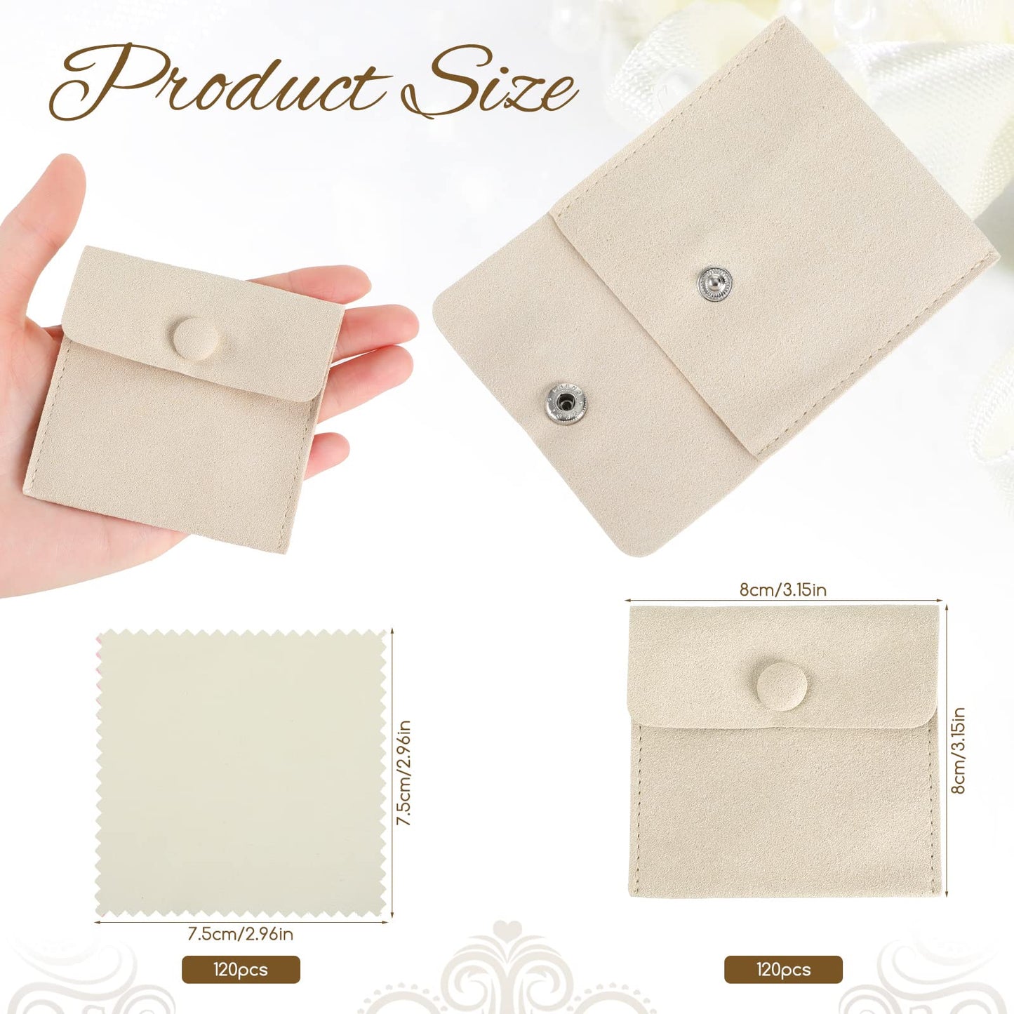 Cunno 120 Pack Microfiber Jewelry Pouch with Cleaning Cloth 3.2"x3.2" Jewelry Packaging Bag with Snap Button Bags(Beige)