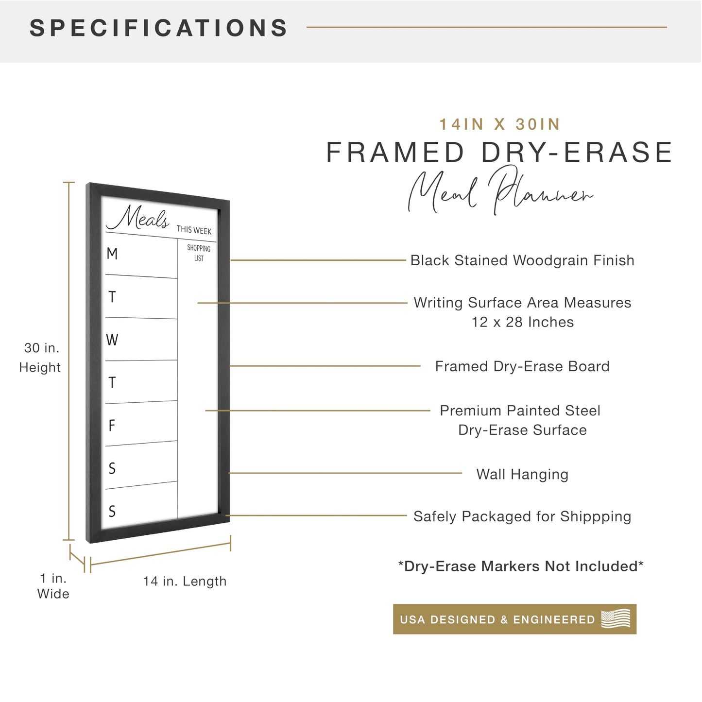 MCS Dry Erase Weekly Meal Planner 14x30 Black Framed Calander Whiteboard for The Wall, Plan Your Meals for The Week, Family Weekly Planner for Dinners & More–Including Shopping List