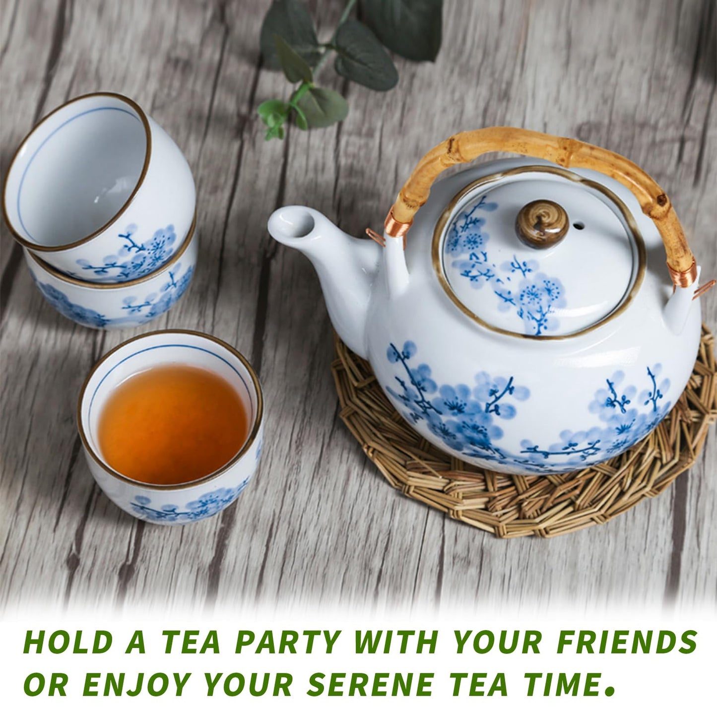 Japanese Tea Set Porcelain Tea Set with Teapot and Tea Cup Set for 4, Blue and White Tea Sets for Adults with Stainless Infuser and Bamboo Tray, Asian Tea Set for Tea Lovers/Women/Men (Plum & Bamboo)