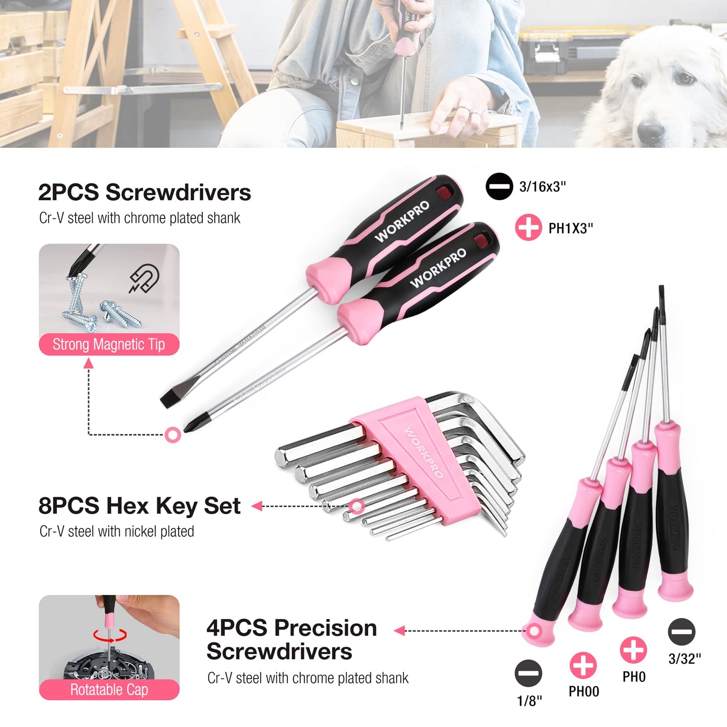 WORKPRO Pink Tool Set, 258 PCS Tool Kit for Women, Basic Household Tool Box with Hammer, Screwdriver Set, Portable Toolkit for Home Repair, New Apartment, House-Warming, DIY - Pink Ribbon