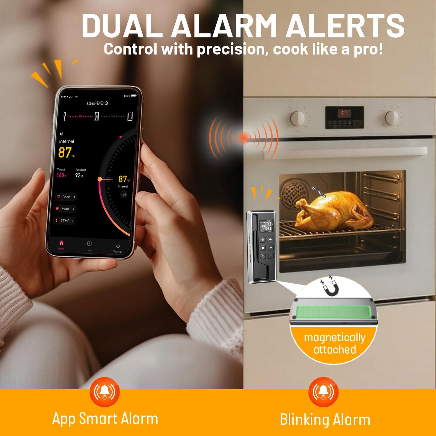 TEMMIO Wireless Meat Thermometer, Instant Read Grill Food Thermometer Digital, 5.2 Bluetooth 800ft App Alerts, 0.19In Dual Sensor Probe, ±0.5℉ Accuracy for BBQ, Oven, Smoker