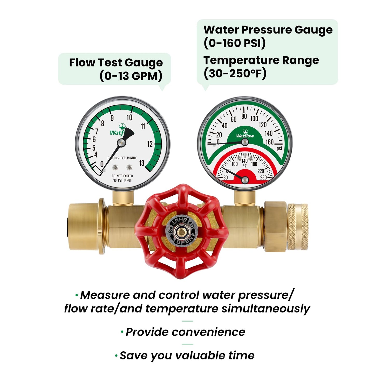 Watflow Water Flow Gauge, Temperature and Pressure Test Assembly, 0-160psi,0-13 GPM, 3/4" Female Hose Thread.