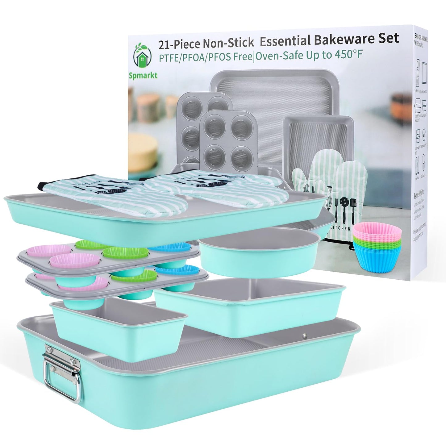 Spmarkt 21-pieces Stackable Nonstick Bakeware Set, PTFE/PFOA/PFOS Free Baking Pans Set with Silicone Cup, Oven Mitt, Complete Kitchen Baking Kit for Cake & Loaf, Cookies, Cupcakes