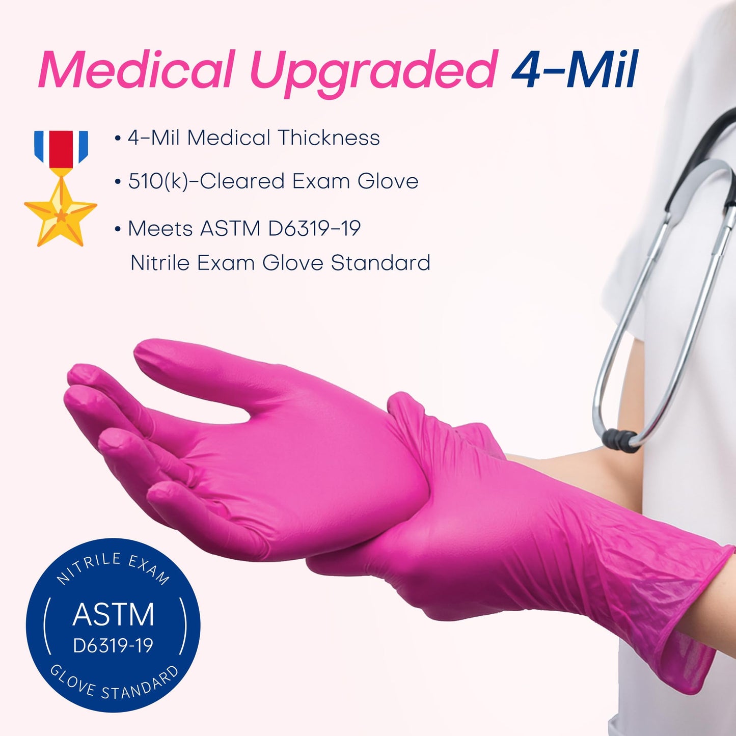 Supmedic Nitrile Exam Gloves, 4 Mil 1000 Ct, Powder-Free Latex-Free Cooking Food-Safe Disposable Medical Gloves, Rose Orchid (Medium)