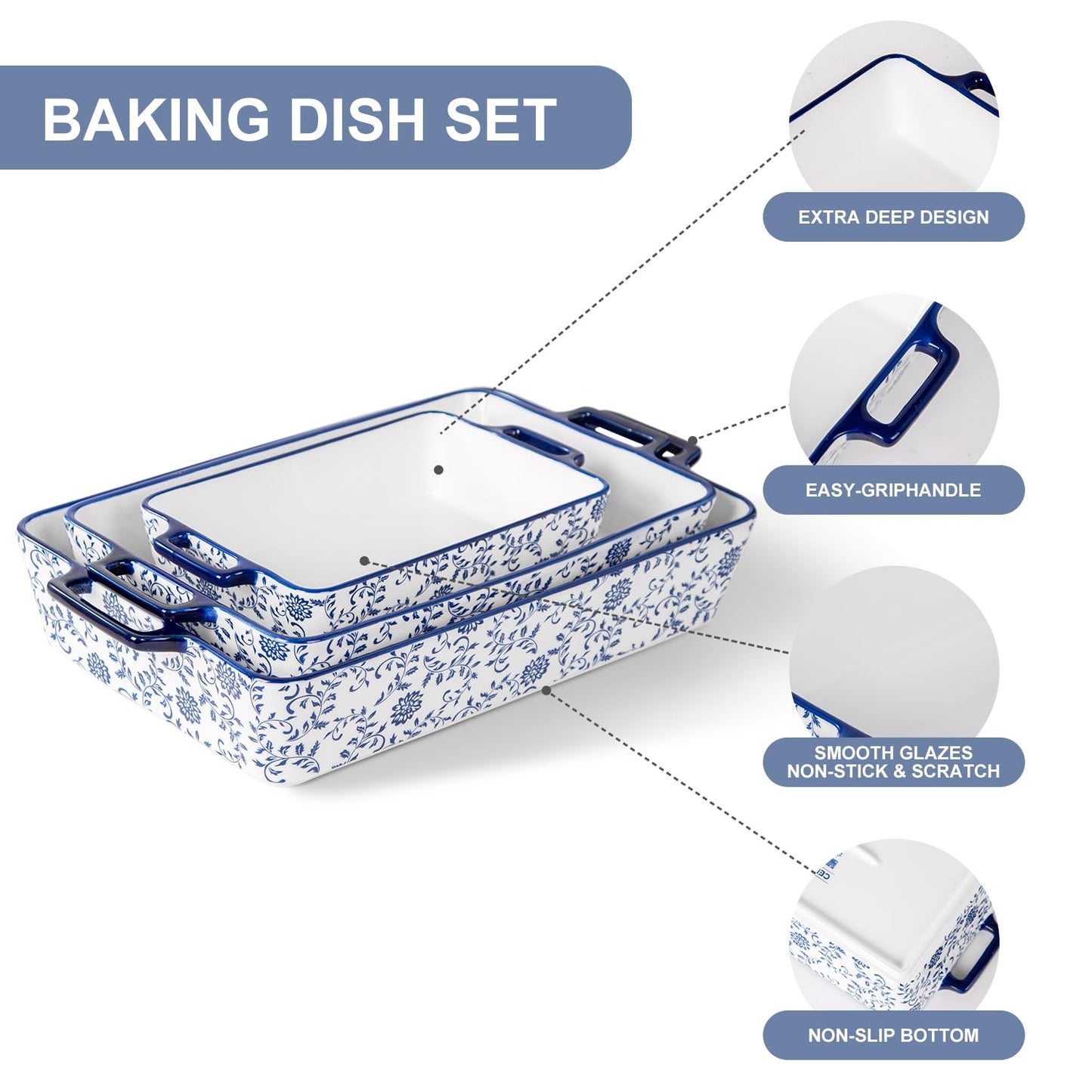 Cerkik Ceramic Bakeware Set - Casserole Dish Baking Dishes for Oven - Rectangular Lasagna Pans with Handles for Kitchen Cooking - Microwave & Dishwasher Safe - Set of 3 (15.1''/13.6''/9.9'') - Blue