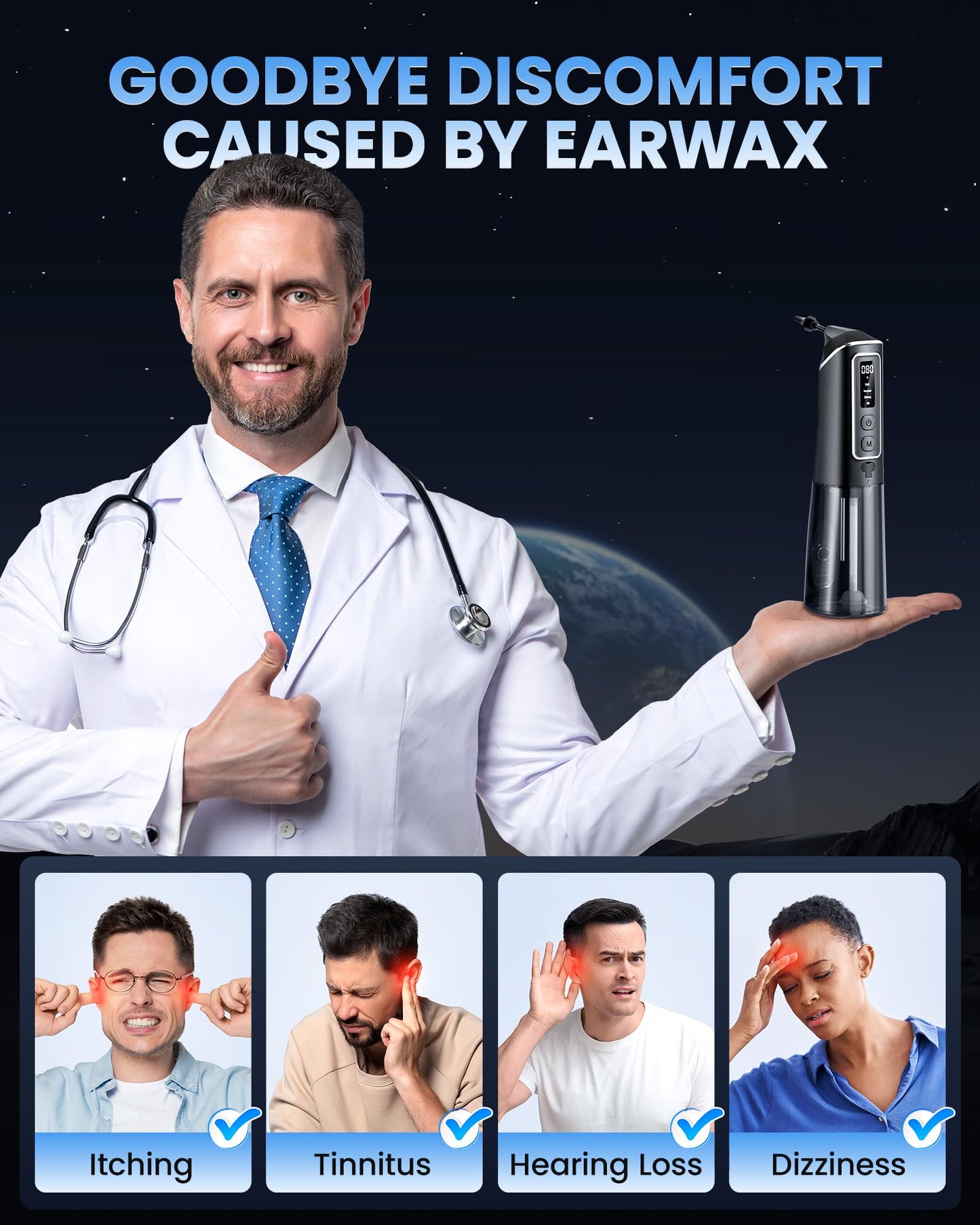 ONLYCARE Ear Wax Removal - 3 Pressure Modes LED Display Water Powered Ear Cleaner with 6 Reusable Replacement Tips - Rechargeable Ear Irrigation Flushing System Earwax Cleaning Tool