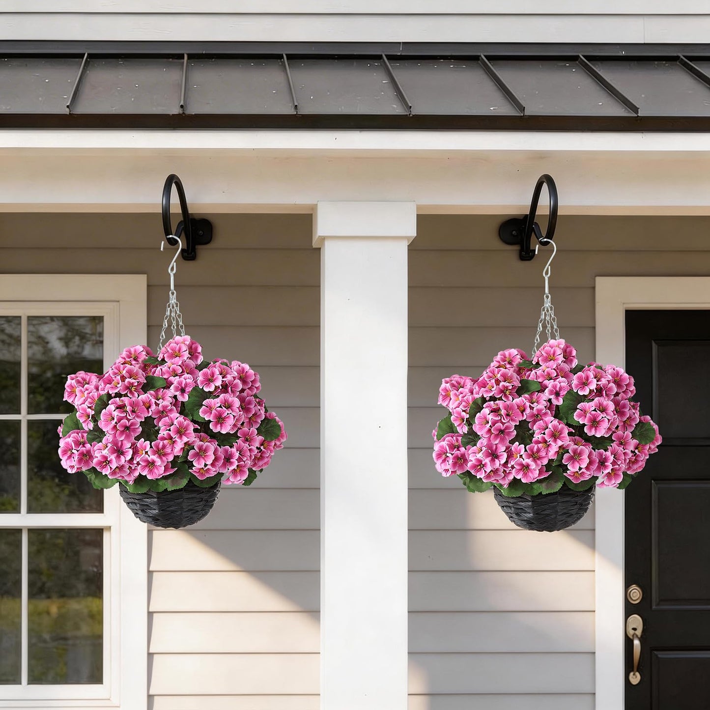 GLIDLION 2 Set Artificial Geraniums Flowers with Hanging Baskets for Outdoors - Sun Resistant Silk with Geranium Flowers, Fake Hanging Planters for Front Porch Garden Patio Home Decor (Pink)