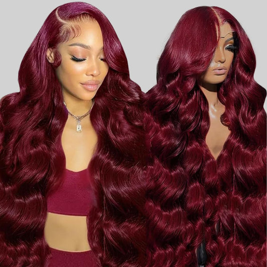 9X6 Wear and Go Glueless Wigs Human Hair Body Wave 200% Density HD Lace Front Wigs Human Hair Cherry Red Colored Brazilian Pre Plucked Pre Cut 99J Burgundy Ready to Wear Glueless Wigs (22 Inch)
