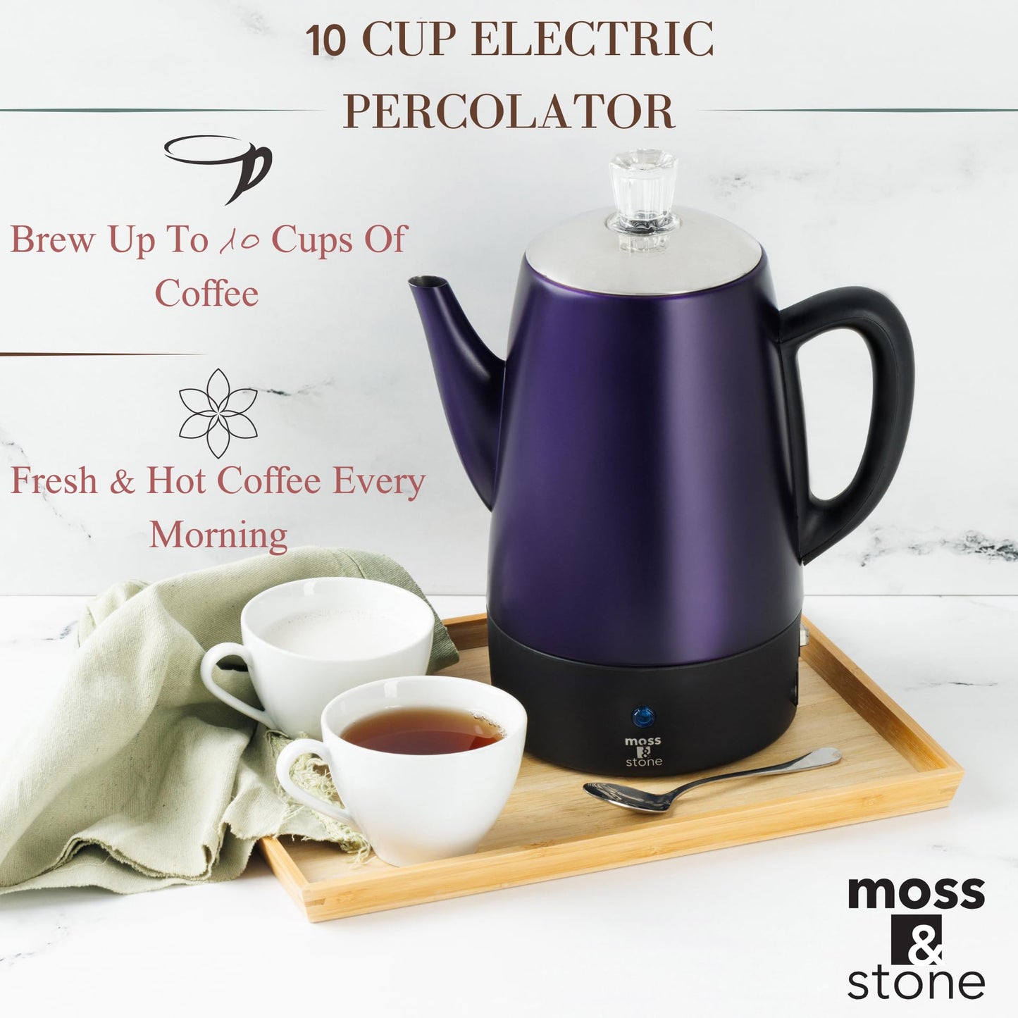 Moss & Stone 10 Cup Purpale Percolator Coffee Pot Electric, Stainless Steel Coffee Percolator Electric With Keep Warm Function, Classic Perculator Pot With Removable Basket for Home or Office