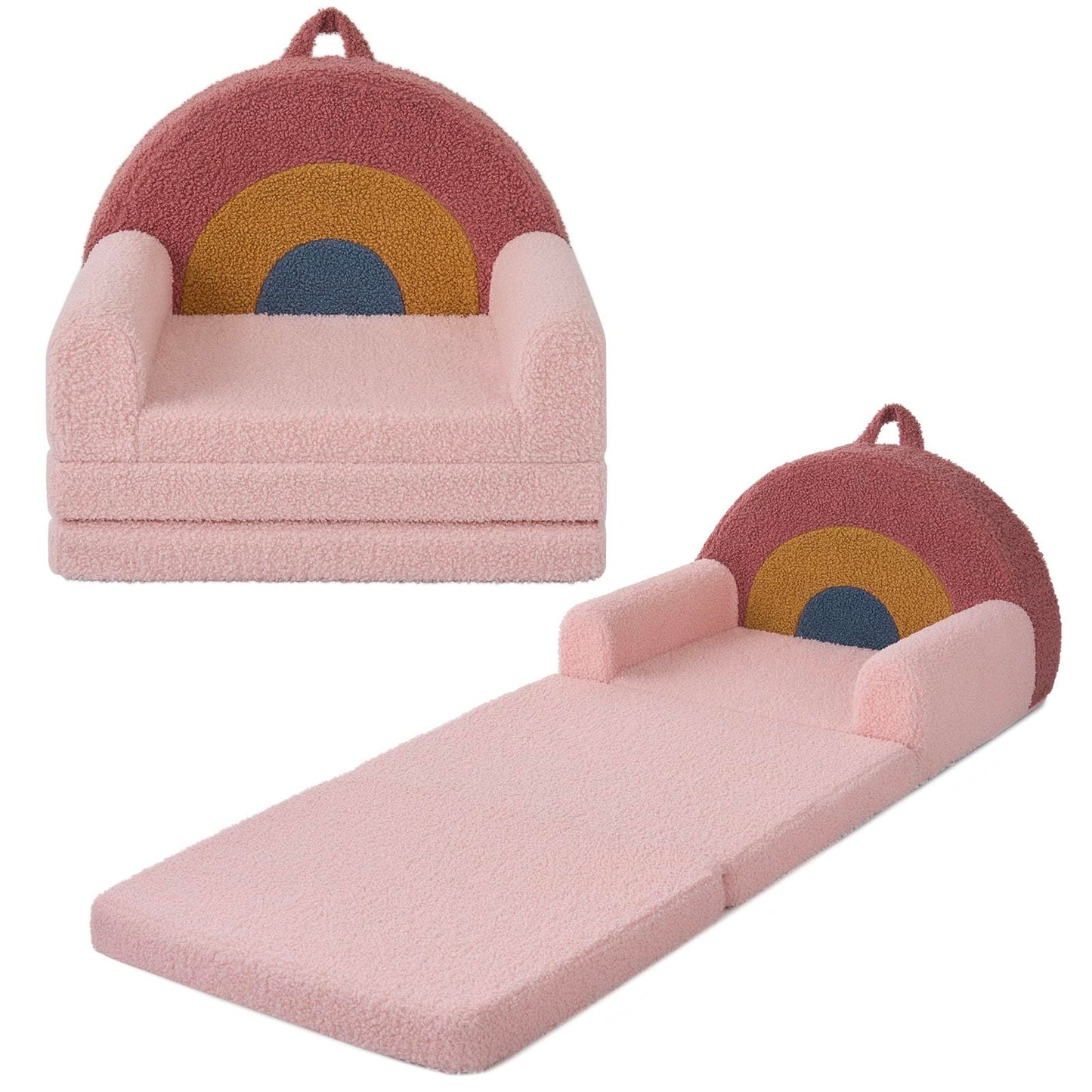 Blissful Diary Foldable Toddler Couch, 2-in-1 Comfy Toddler Chair & Lounger for Reading, Playroom, Kids Couch Sofa for Girls Boys Birthday Gift, Blush Rainbow