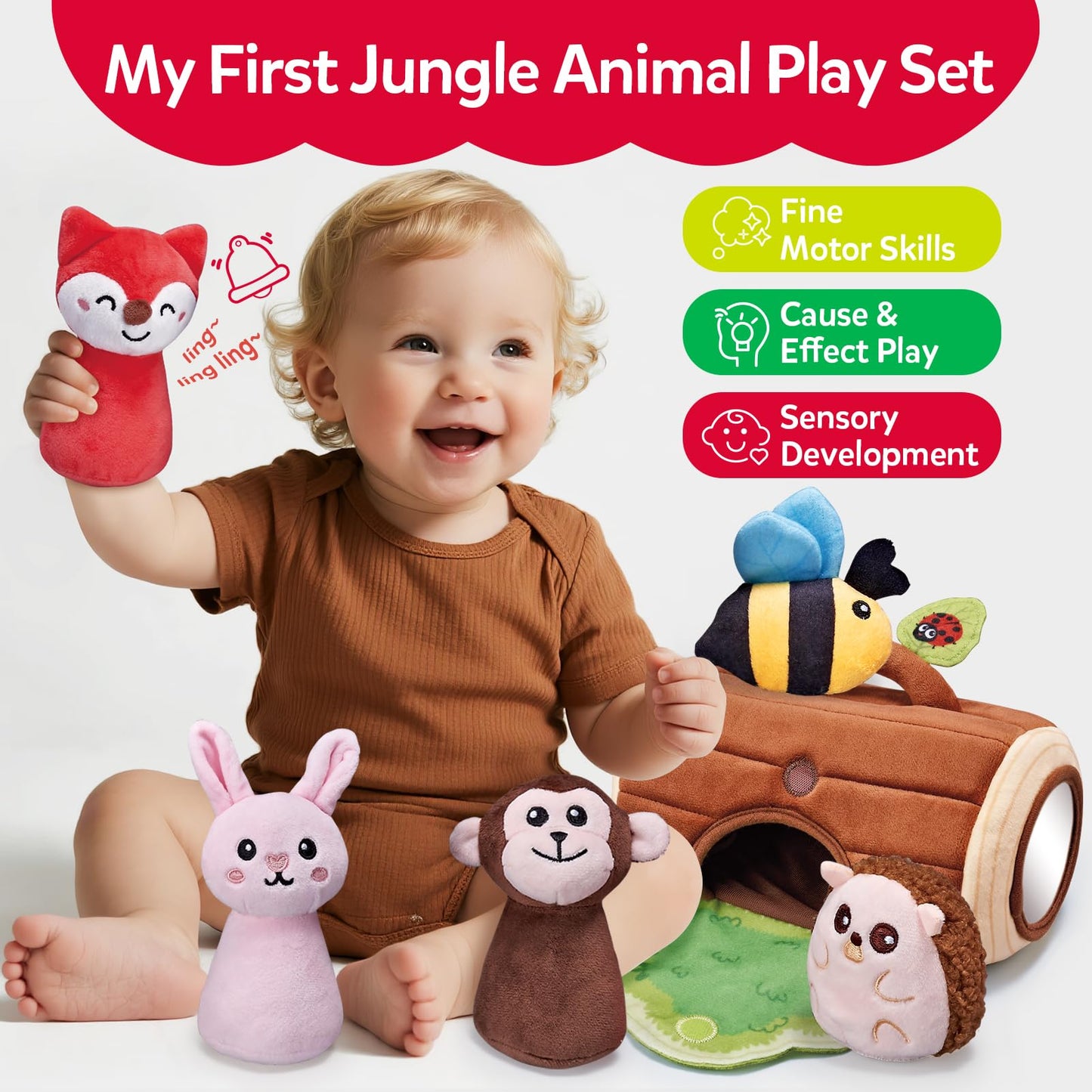 CuteZone Baby Toys 6-12 Months, Stuffed Animals for Babies, Soft Plush Forest Sensory Toy Set with Rattle, Crinkle, Mirror and Tree Stump Storage, Cause and Effect Baby Toy